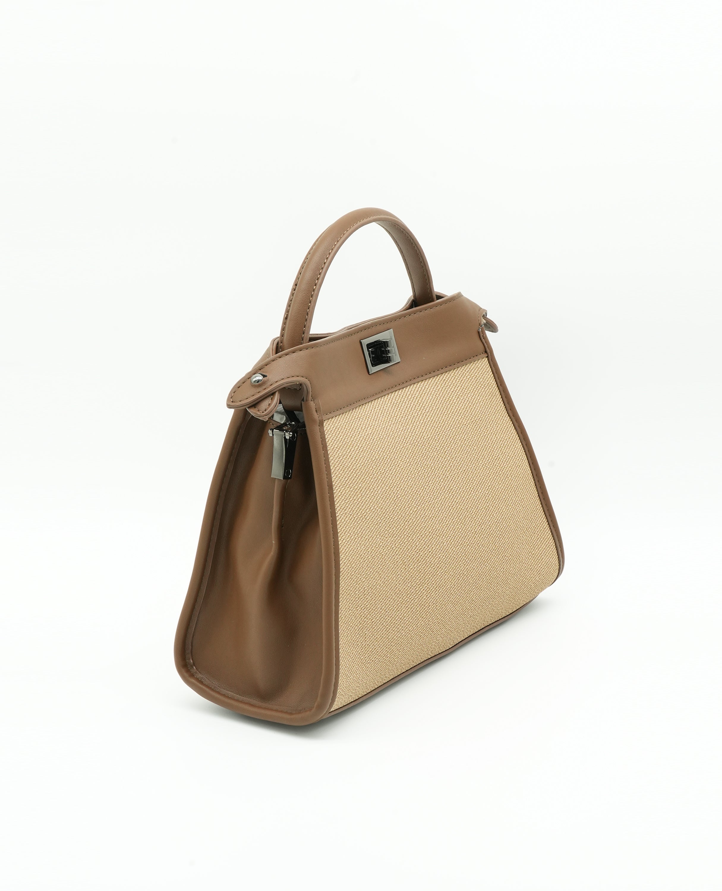 Elegant Canvas & Leather Handbag with Turn-Lock Closure - FineLook