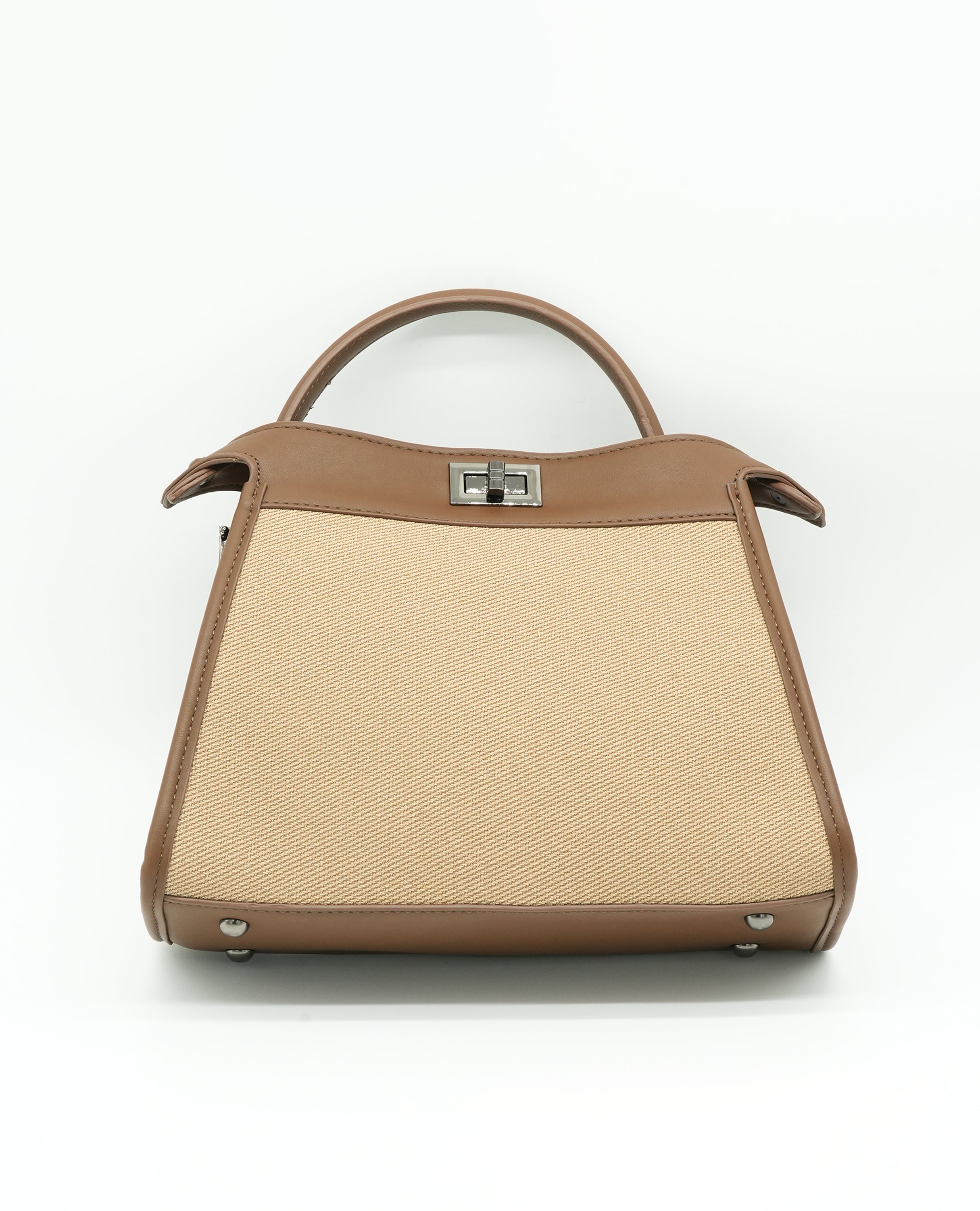 Elegant Canvas & Leather Handbag with Turn-Lock Closure - FineLook