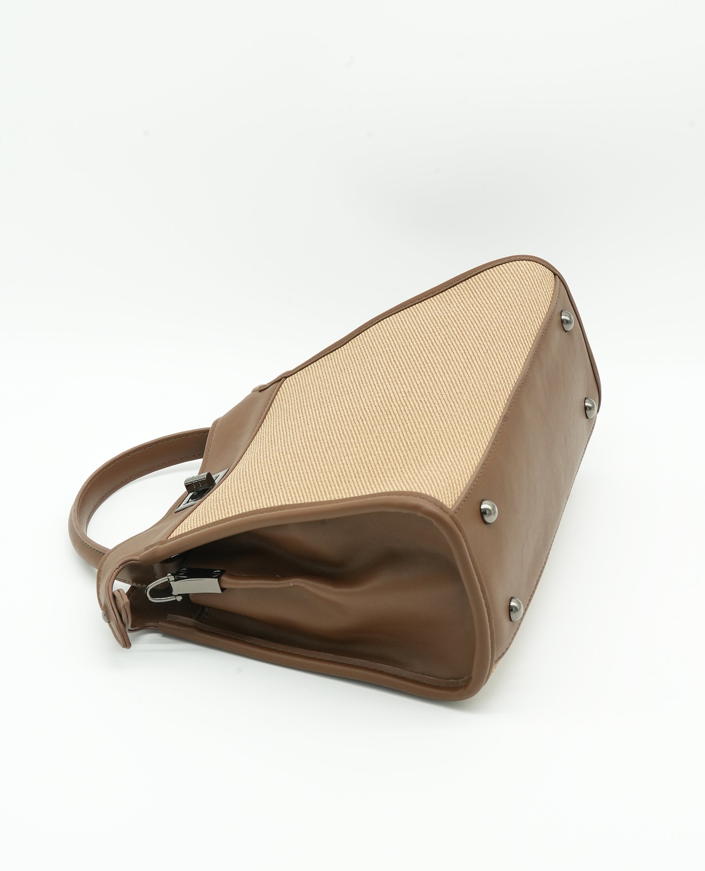 Elegant Canvas & Leather Handbag with Turn-Lock Closure - FineLook