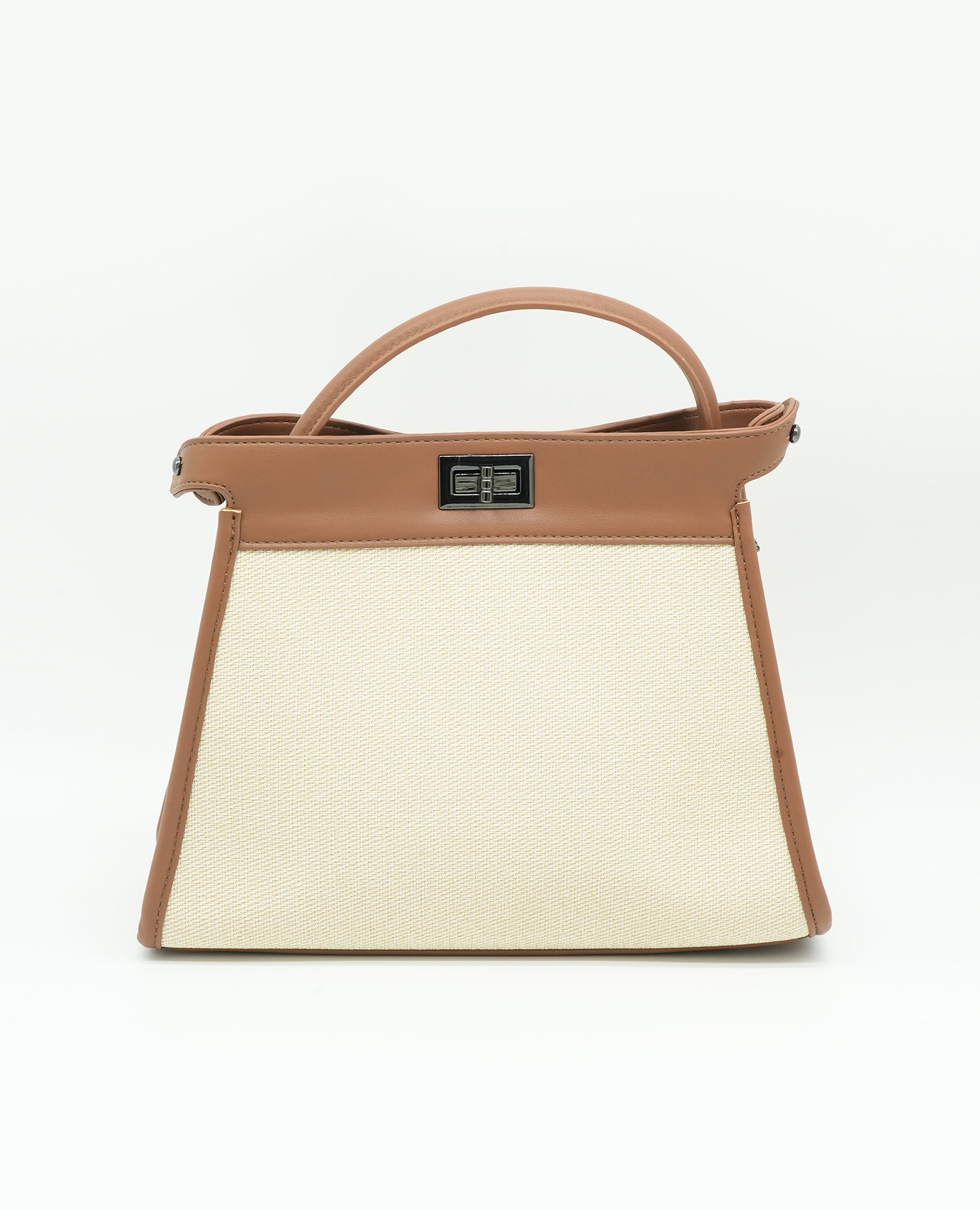 Elegant Canvas & Leather Handbag with Turn-Lock Closure - FineLook