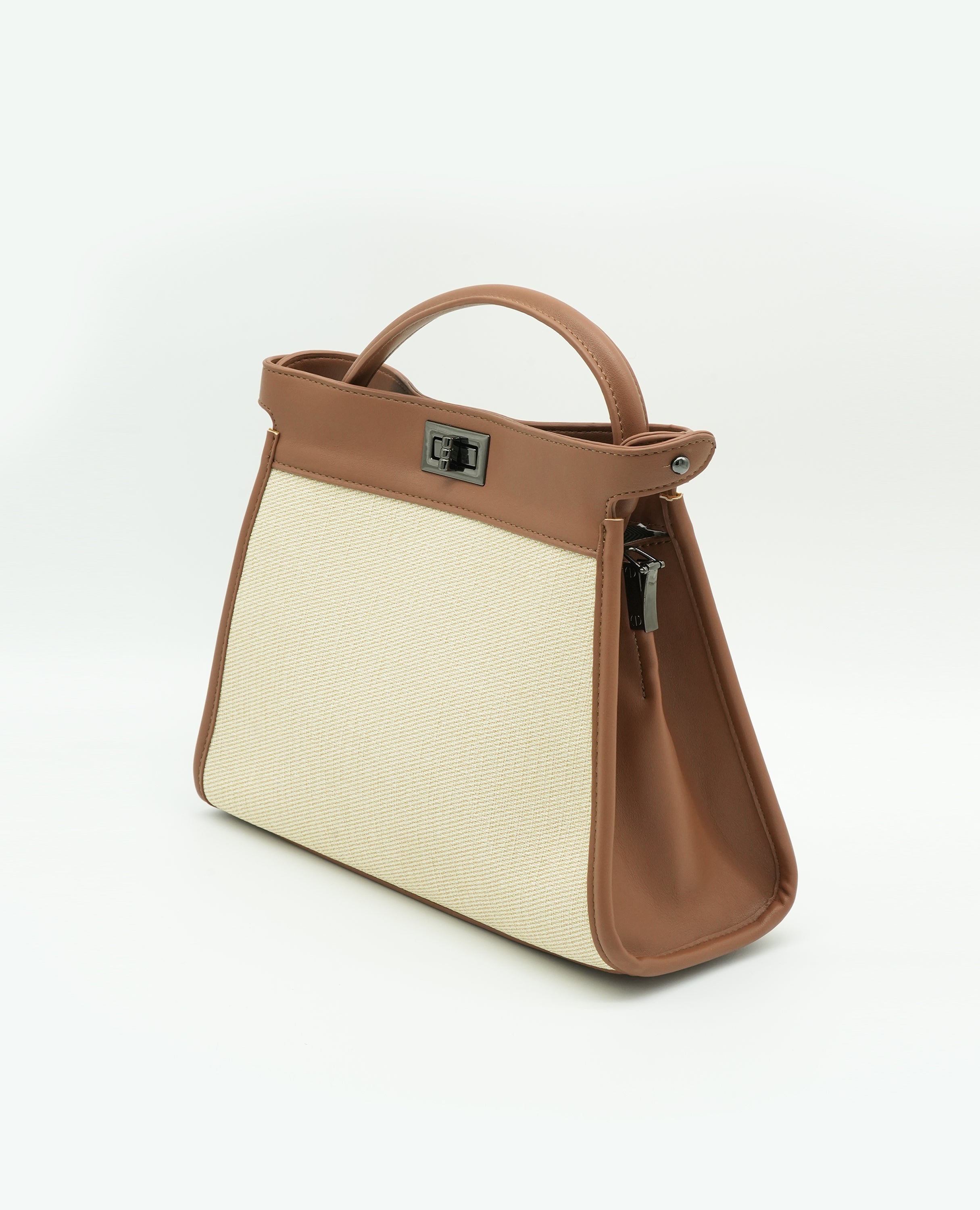 Elegant Canvas & Leather Handbag with Turn-Lock Closure - FineLook