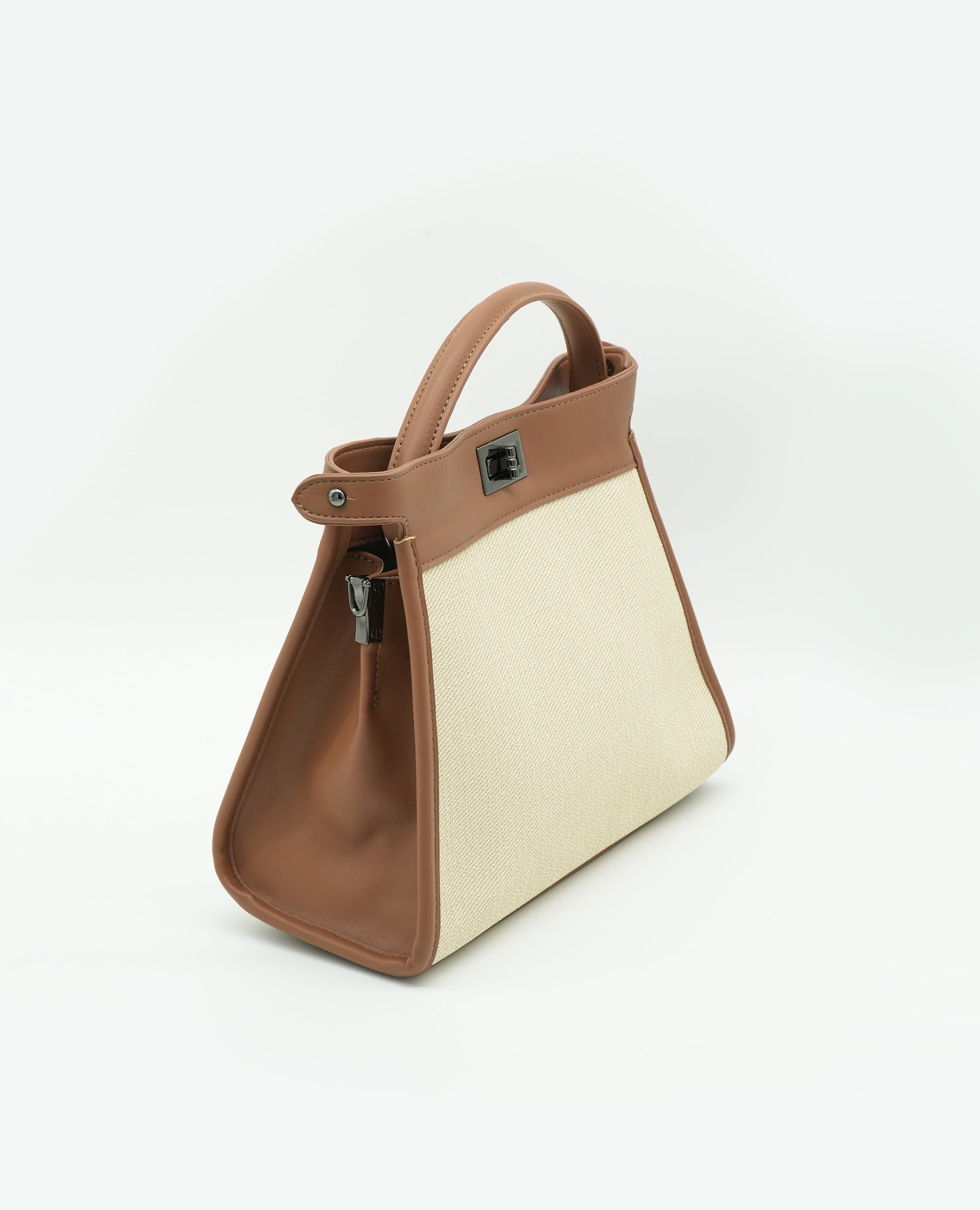 Elegant Canvas & Leather Handbag with Turn-Lock Closure - FineLook