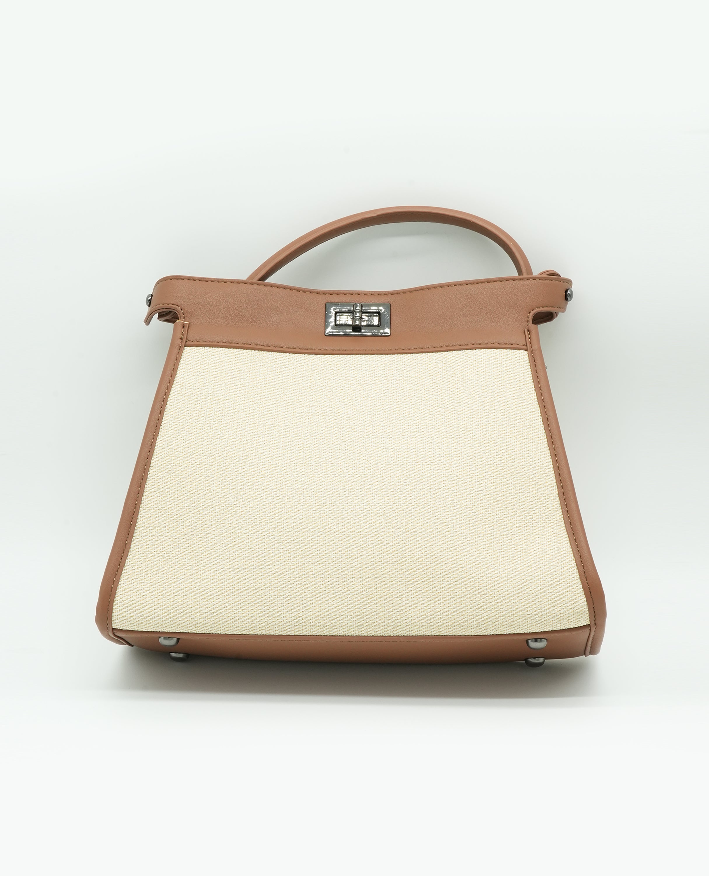 Elegant Canvas & Leather Handbag with Turn-Lock Closure - FineLook