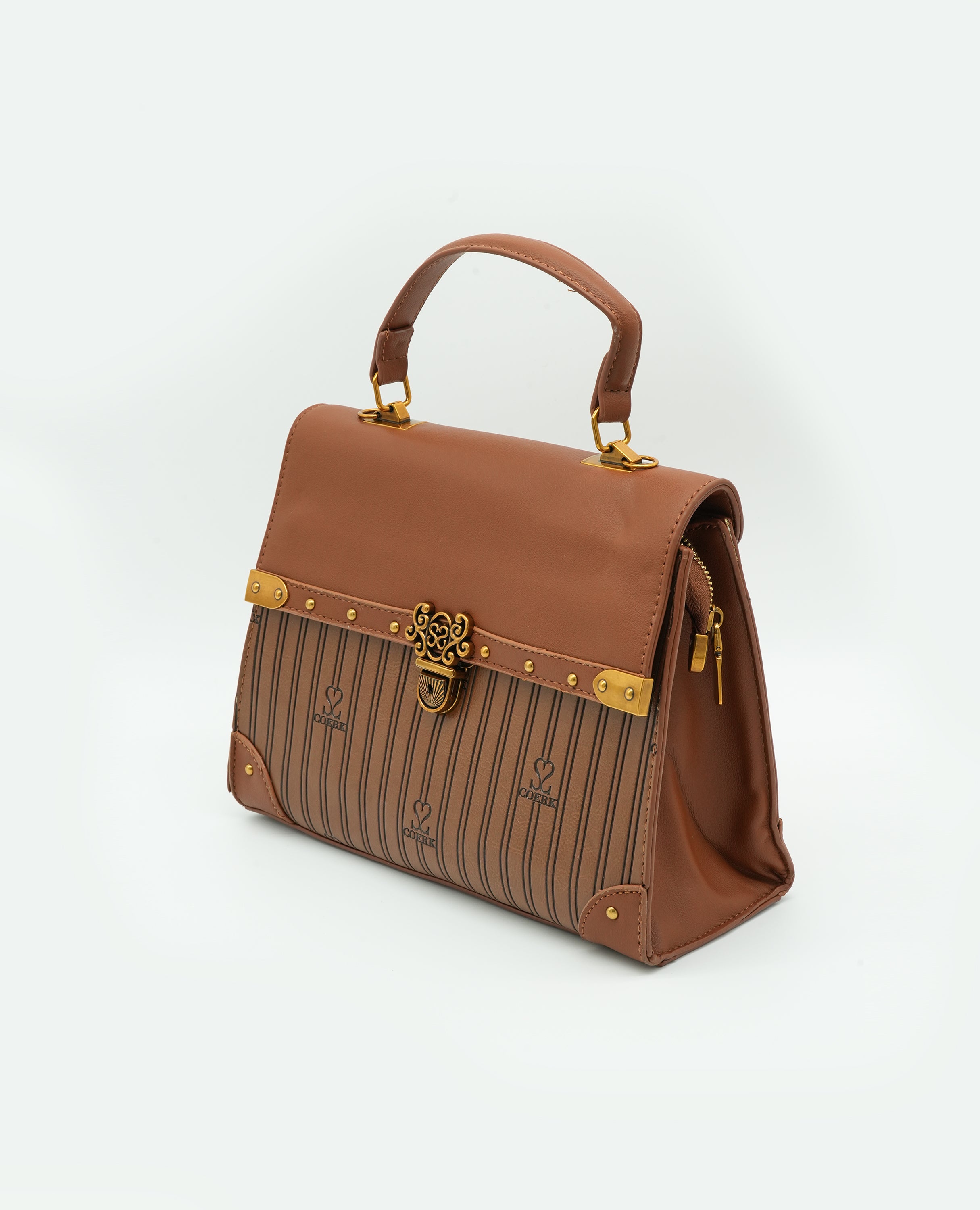Vintage-Inspired Faux Leather Handbag – Elegant Satchel Purse with Gold Accents - FineLook