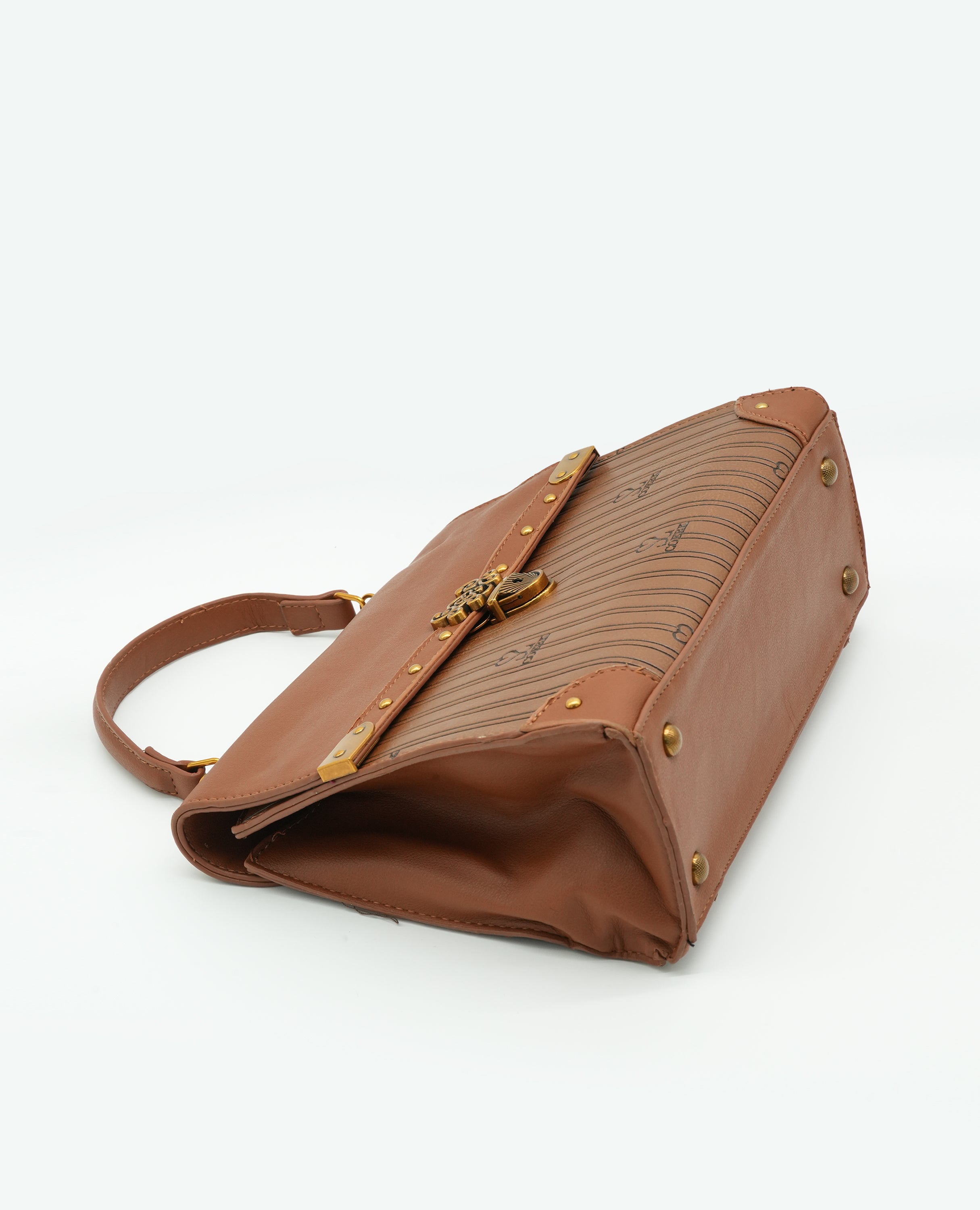 Vintage-Inspired Faux Leather Handbag – Elegant Satchel Purse with Gold Accents - FineLook