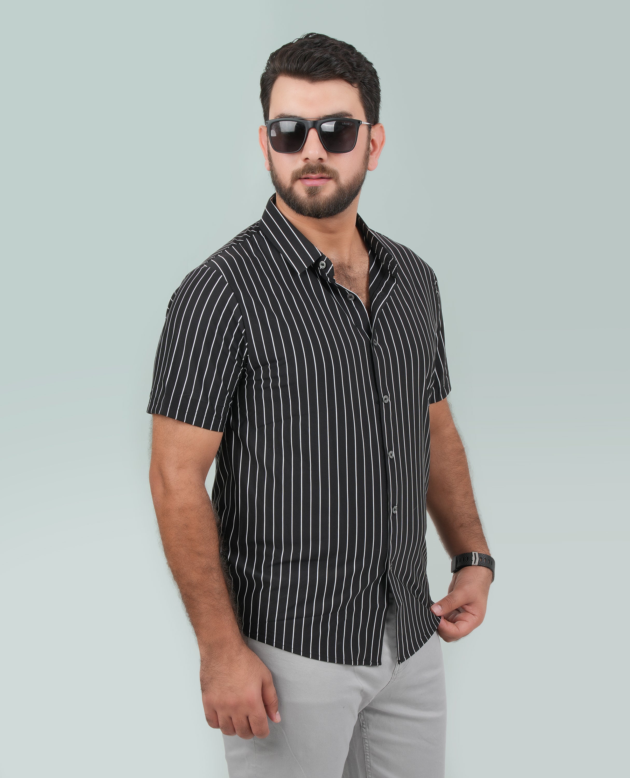 Men’s Black button down Shirt with Thin White Stripes - FineLook