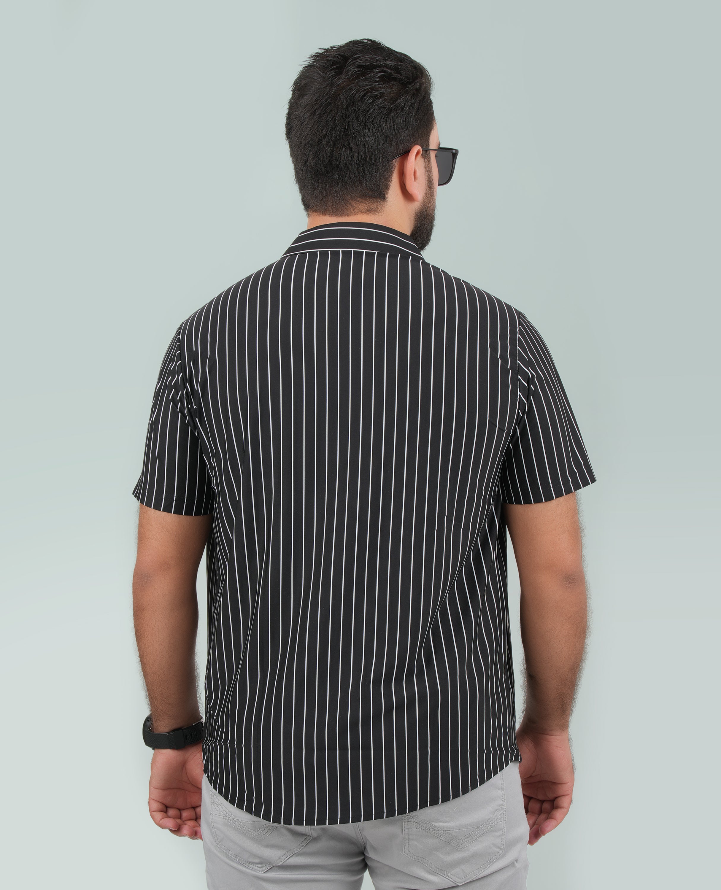 Men’s Black button down Shirt with Thin White Stripes - FineLook