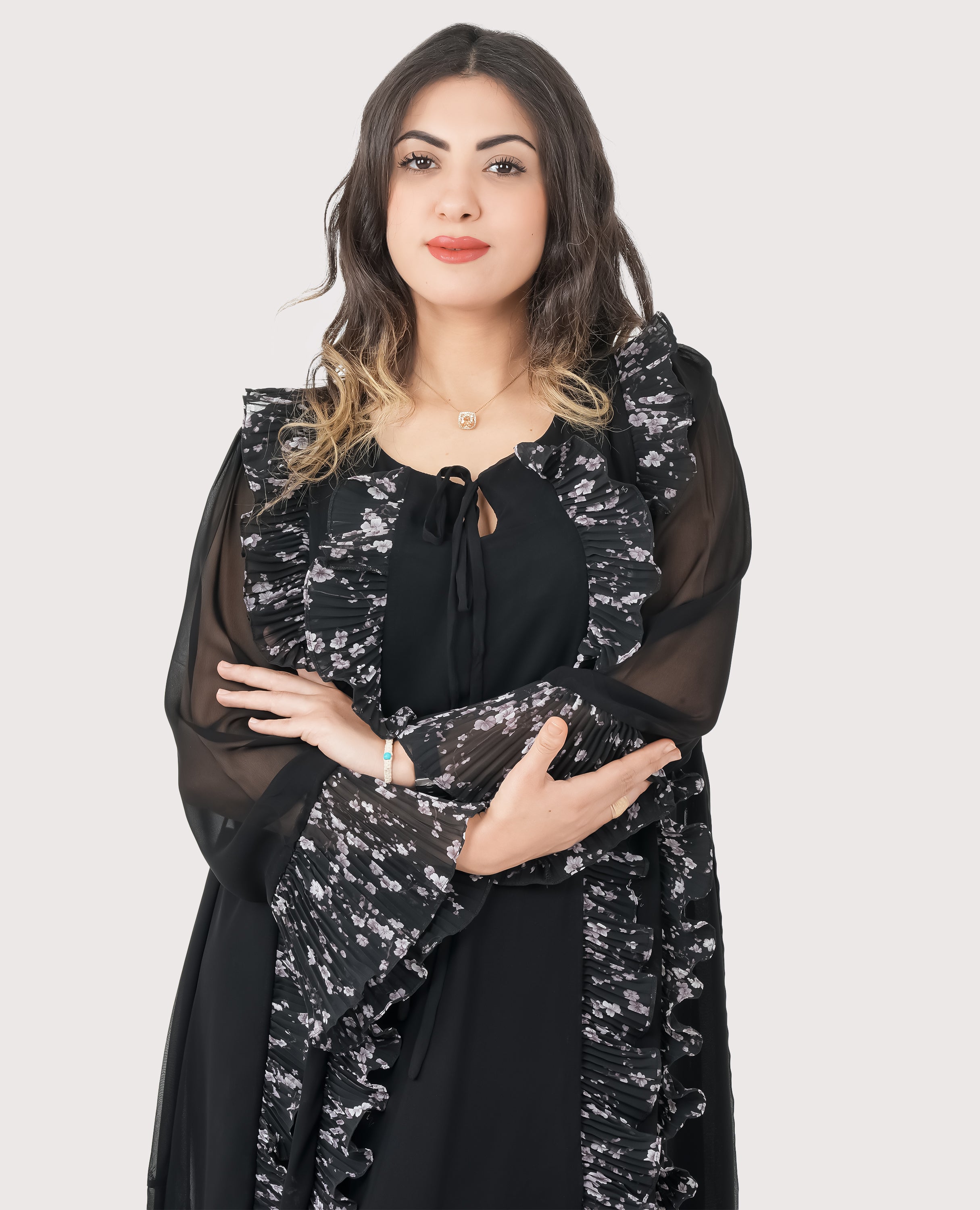 Midnight Ruffle Elegance – Black Chiffon Maxi Dress