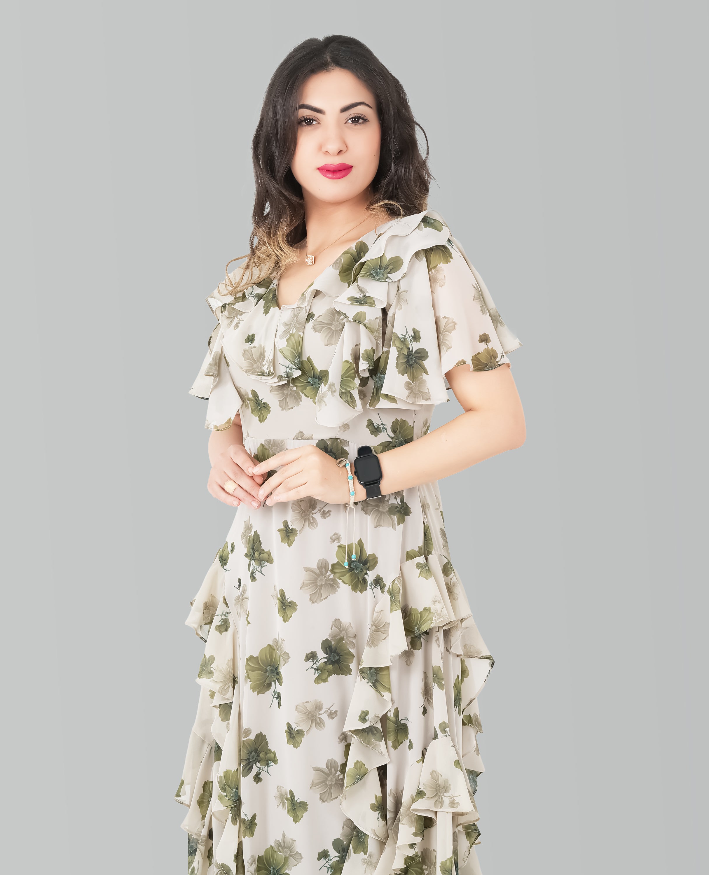 Elegant Floral Ruffle Maxi Dress – Green & Ivory