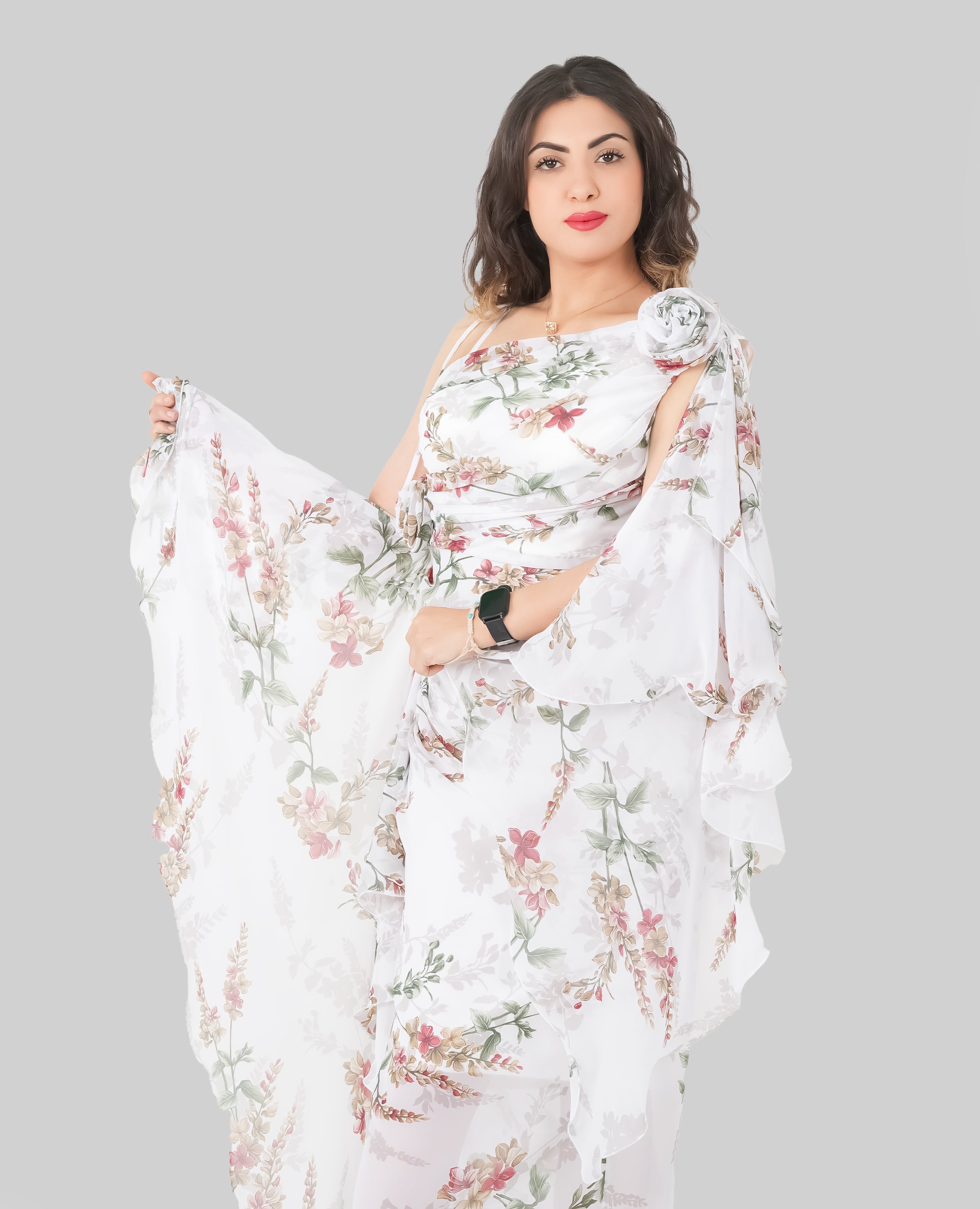 Elegant Floral Ruffle Maxi Dress – White & Pink