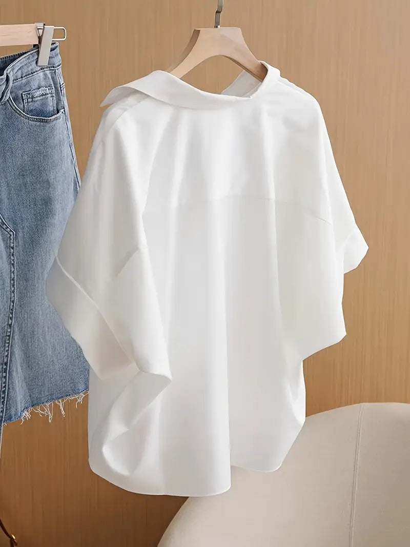 Women's Elegant Short Sleeve Blouse - Solid Color, Loose Fit, Collar Style