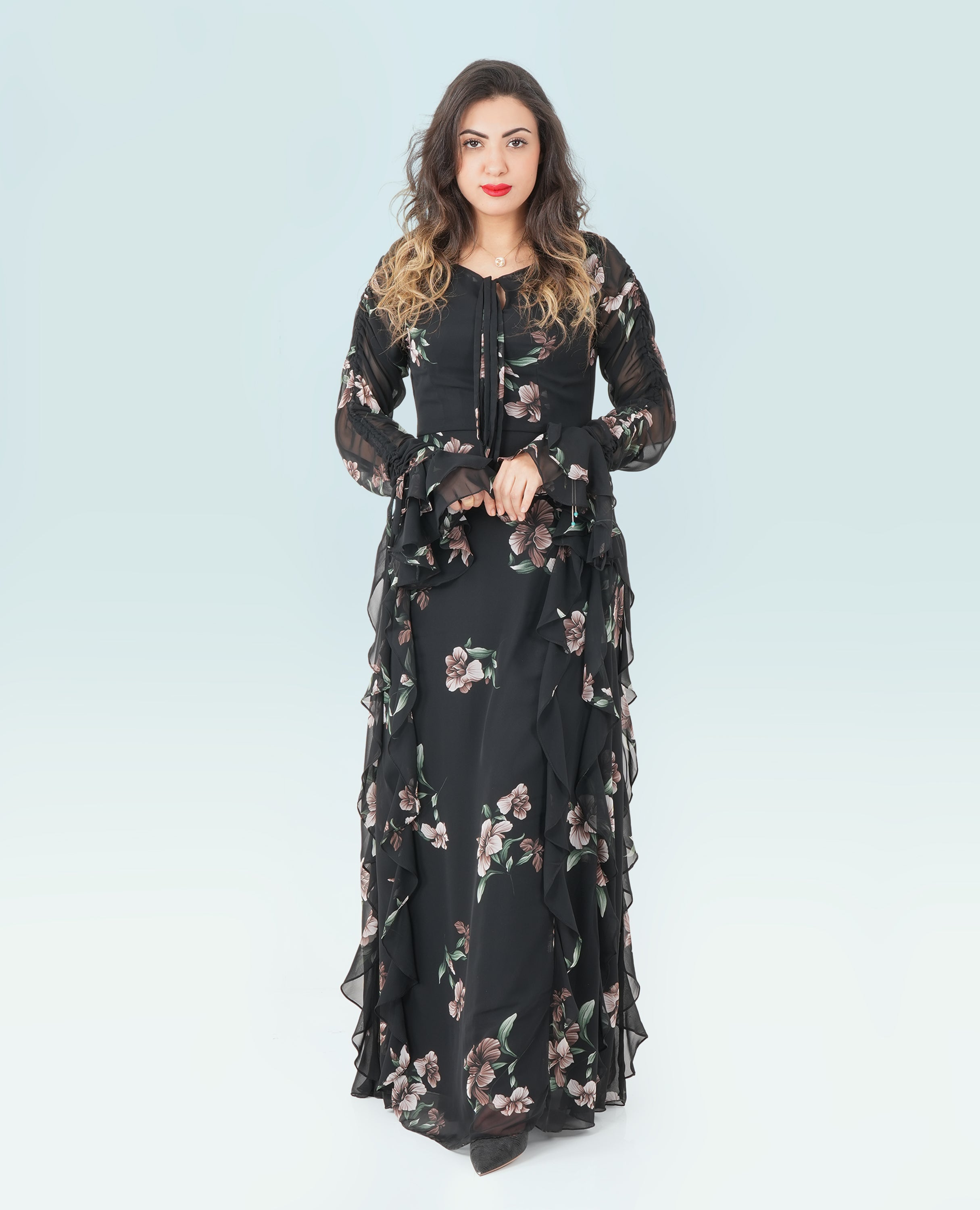 Black Floral Ruffle Maxi Dress – Elegant Long Sleeve Chiffon Gown