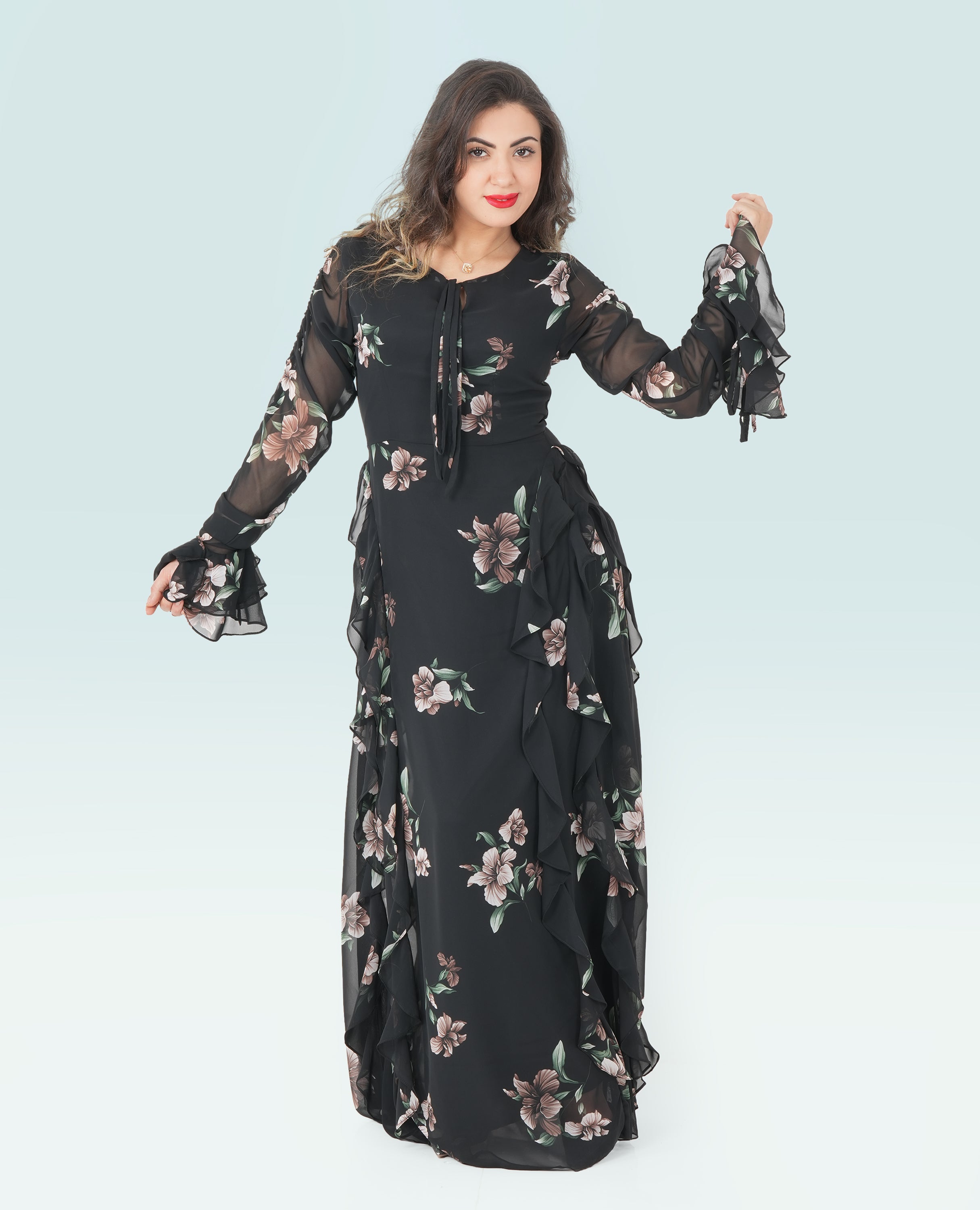 Black Floral Ruffle Maxi Dress – Elegant Long Sleeve Chiffon Gown