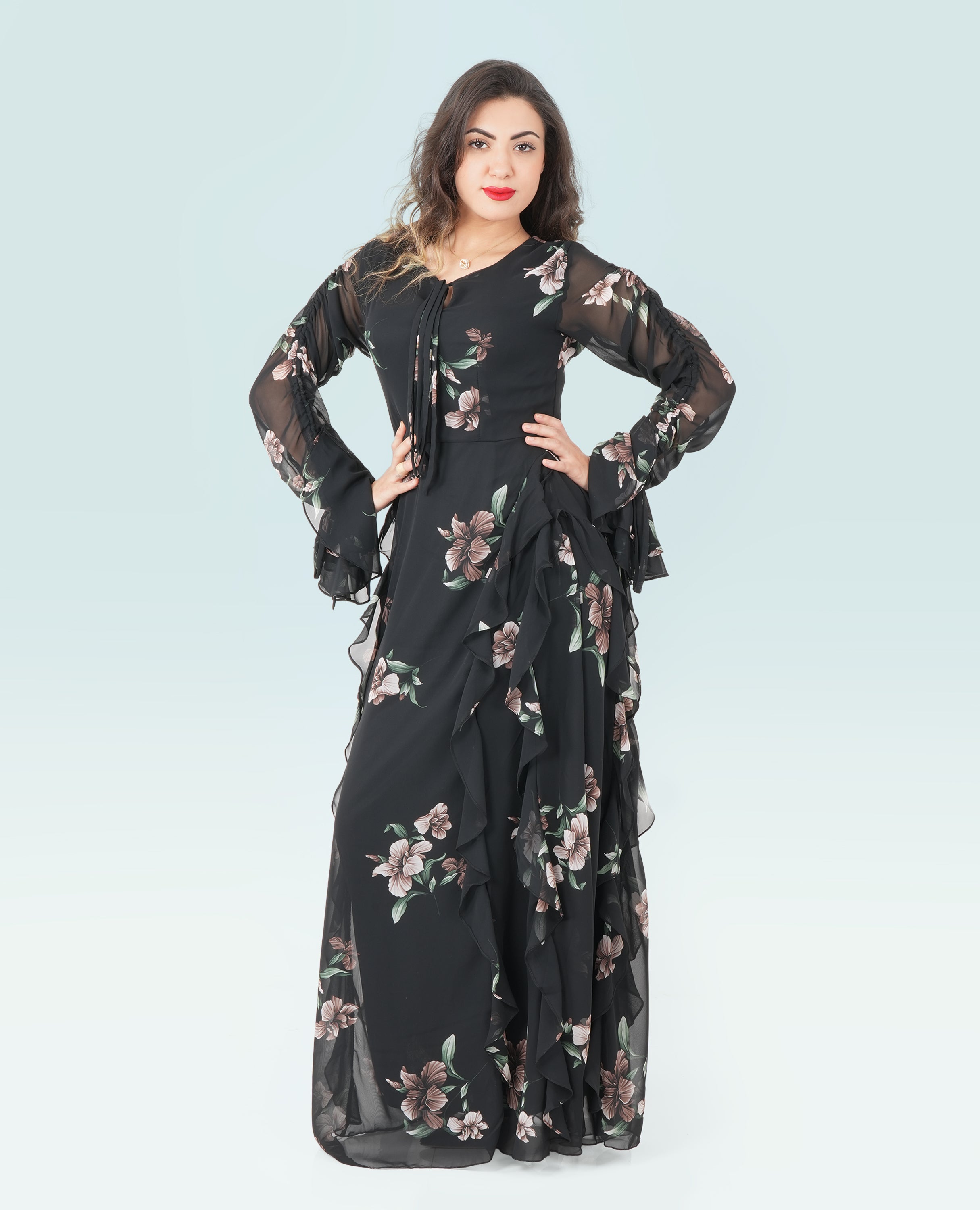 Black Floral Ruffle Maxi Dress – Elegant Long Sleeve Chiffon Gown