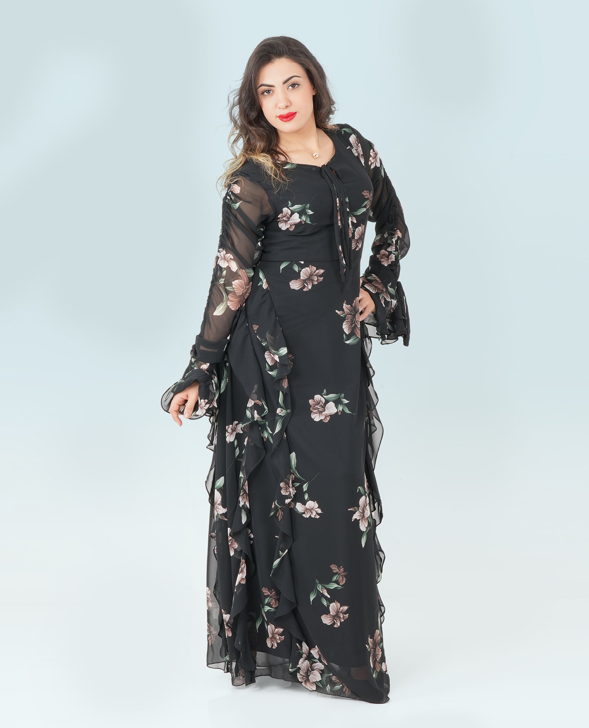 Black Floral Ruffle Maxi Dress – Elegant Long Sleeve Chiffon Gown