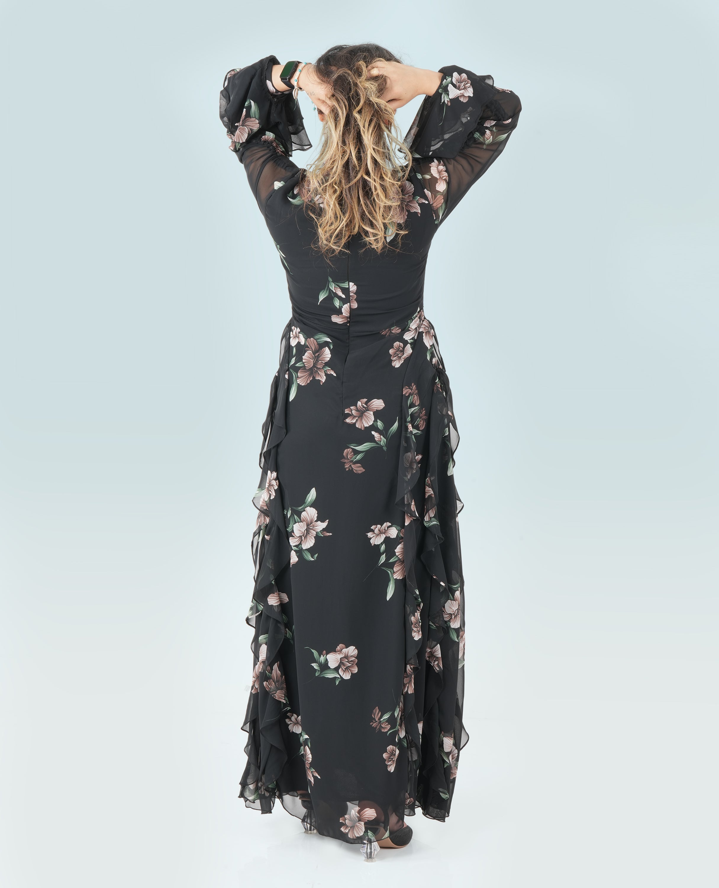 Black Floral Ruffle Maxi Dress – Elegant Long Sleeve Chiffon Gown