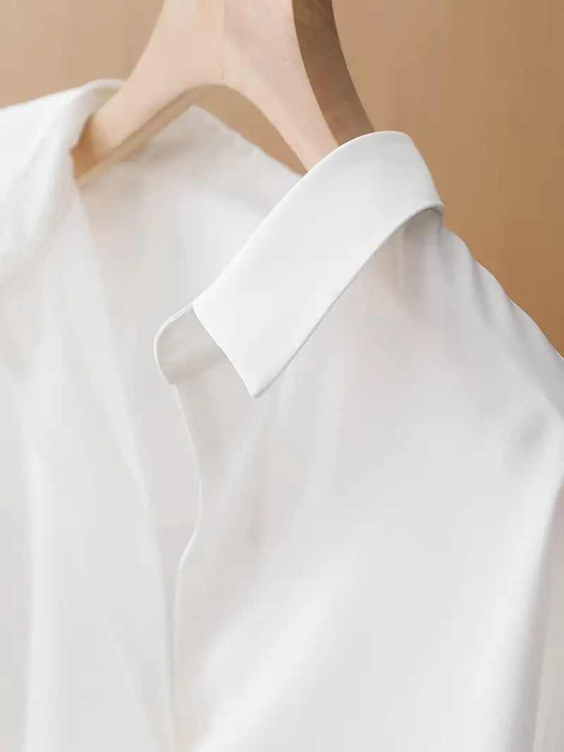 Women's Elegant Short Sleeve Blouse - Solid Color, Loose Fit, Collar Style