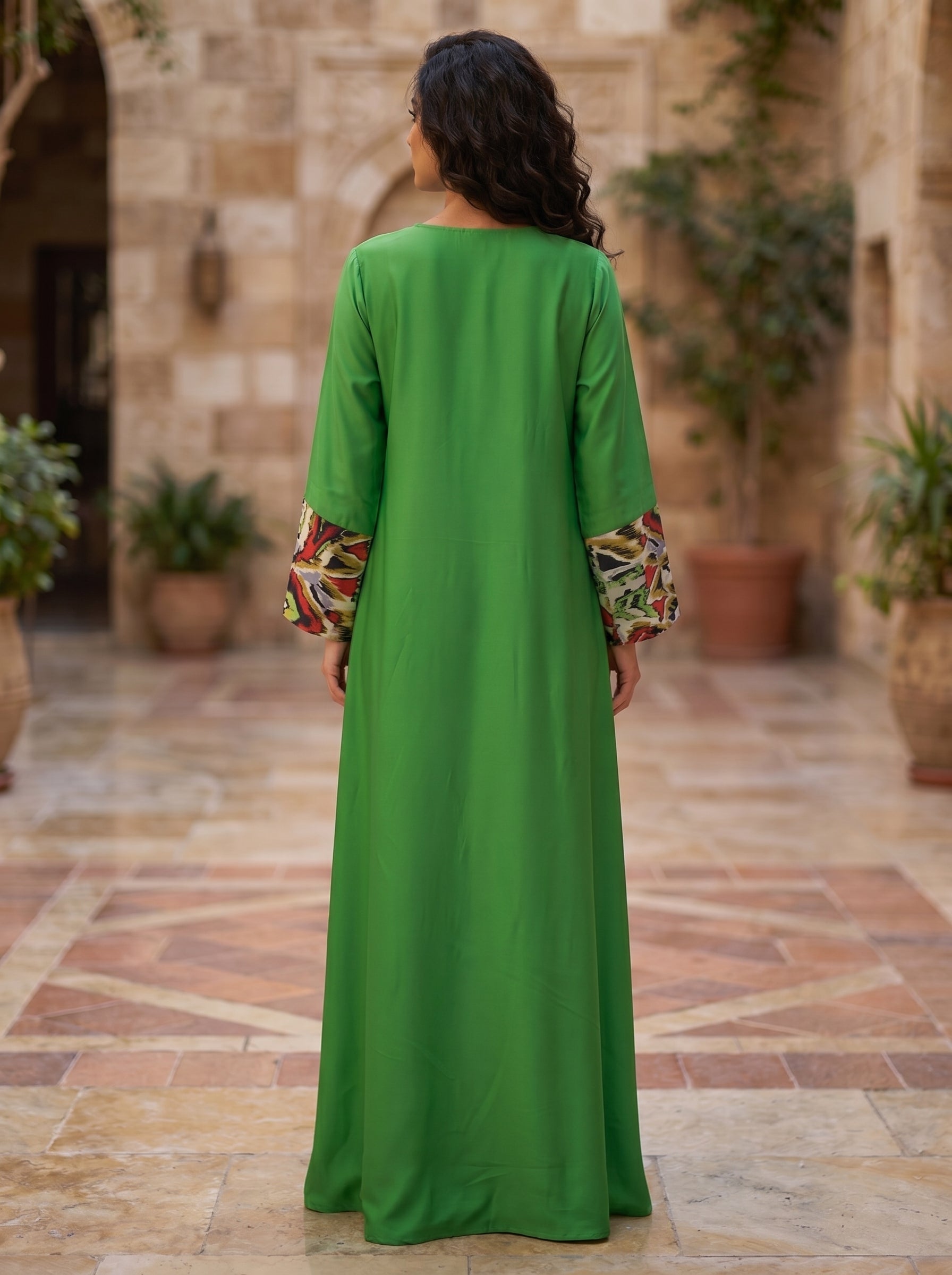 Women's Embellished Maxi Kaftan Dress – Beaded Neckline, Printed Contrast Panel & Cuff Sleeves