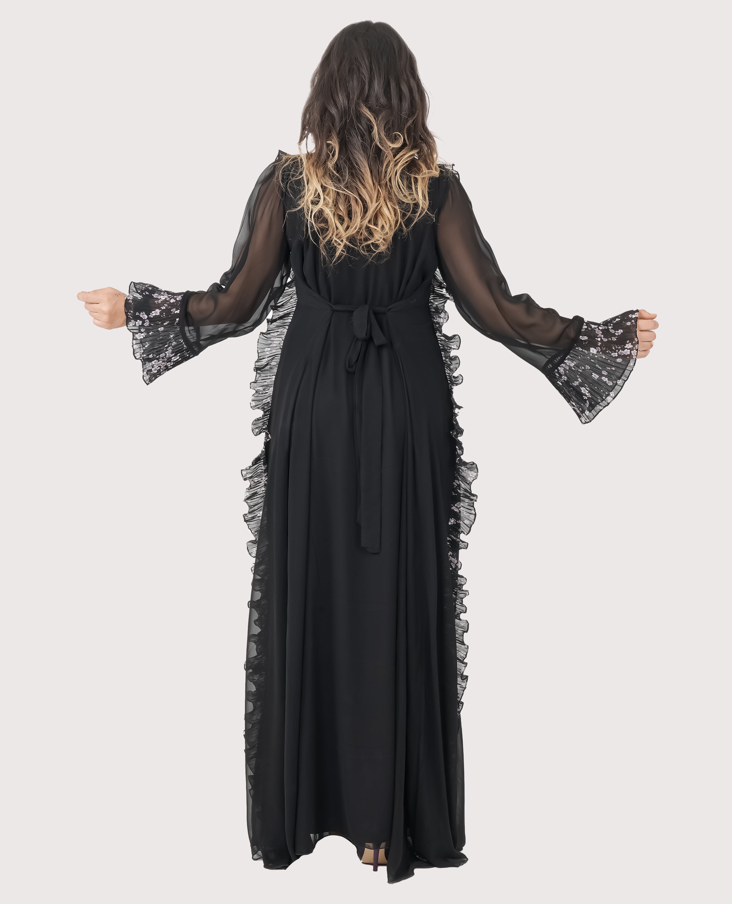 Midnight Ruffle Elegance – Black Chiffon Maxi Dress