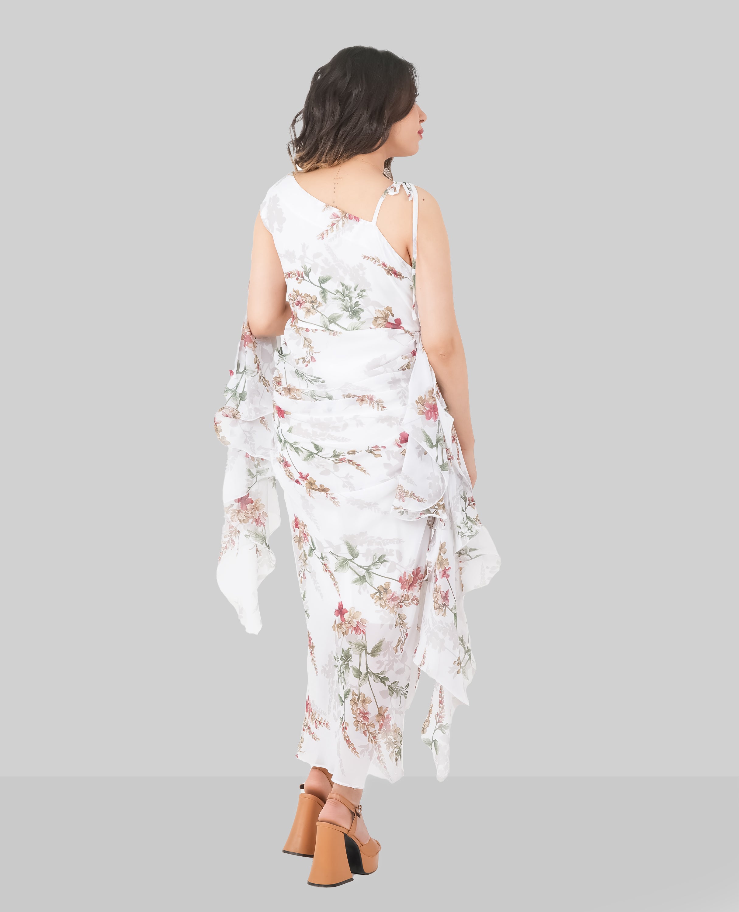 Elegant Floral Ruffle Maxi Dress – White & Pink