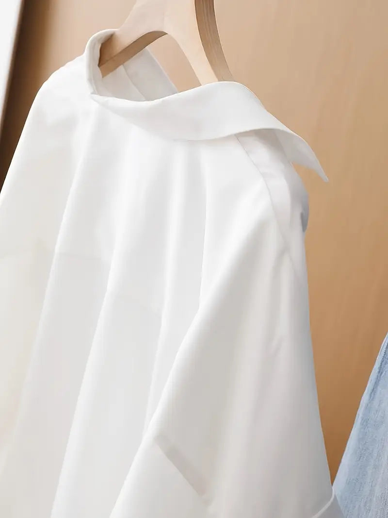 Women's Elegant Short Sleeve Blouse - Solid Color, Loose Fit, Collar Style