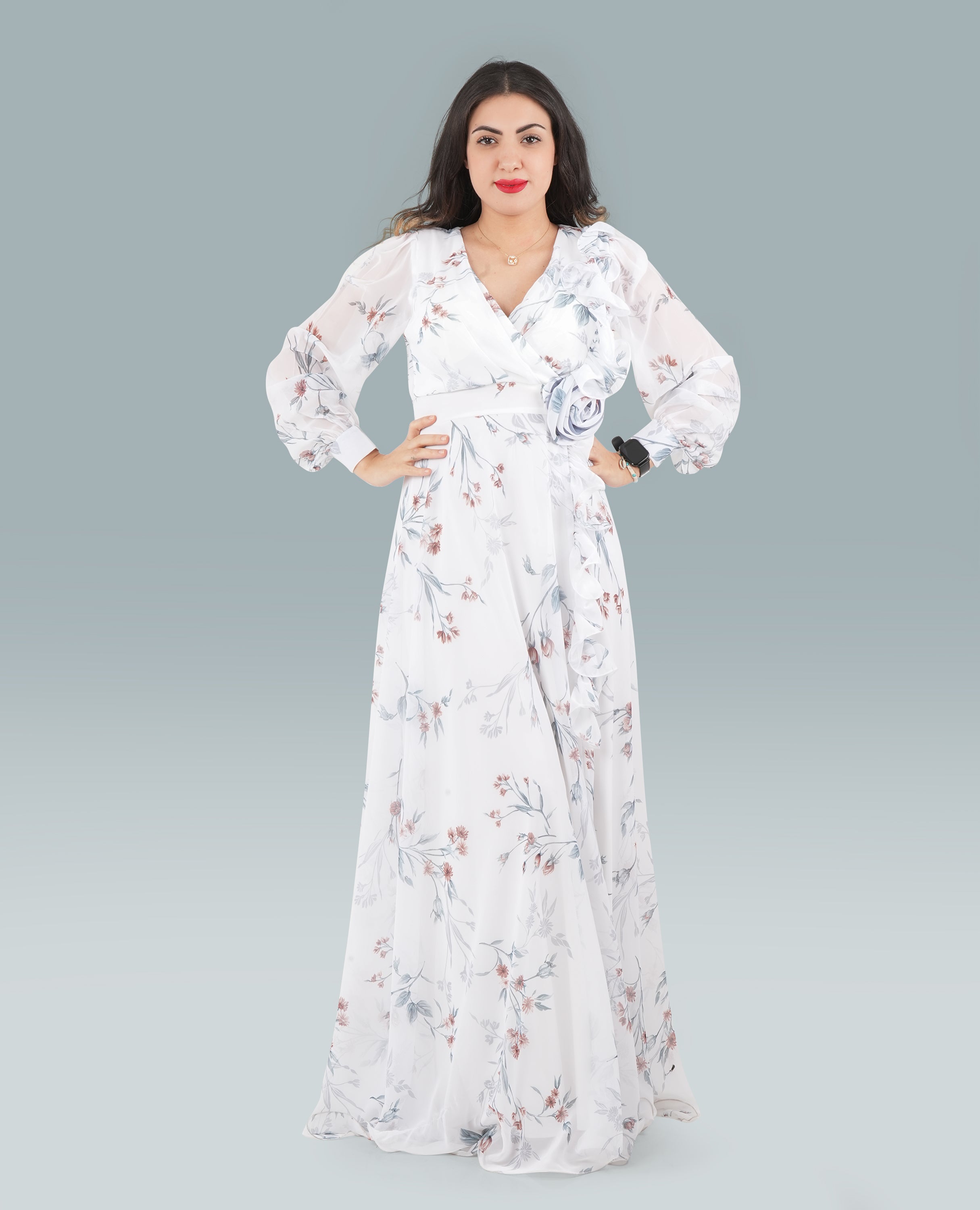 FineLook Women's Elegant Floral Print Wrap Maxi Dress – Long Sleeve & Flowing Silhouette