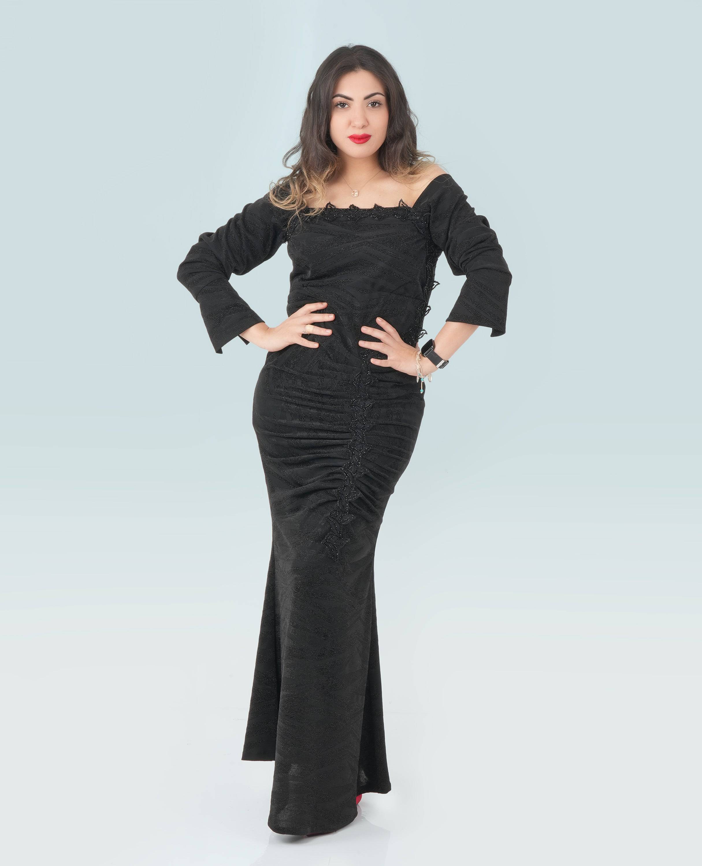 Elegant Black Ruched Off-Shoulder Evening Gown – Women's Formal Dress - FineLook