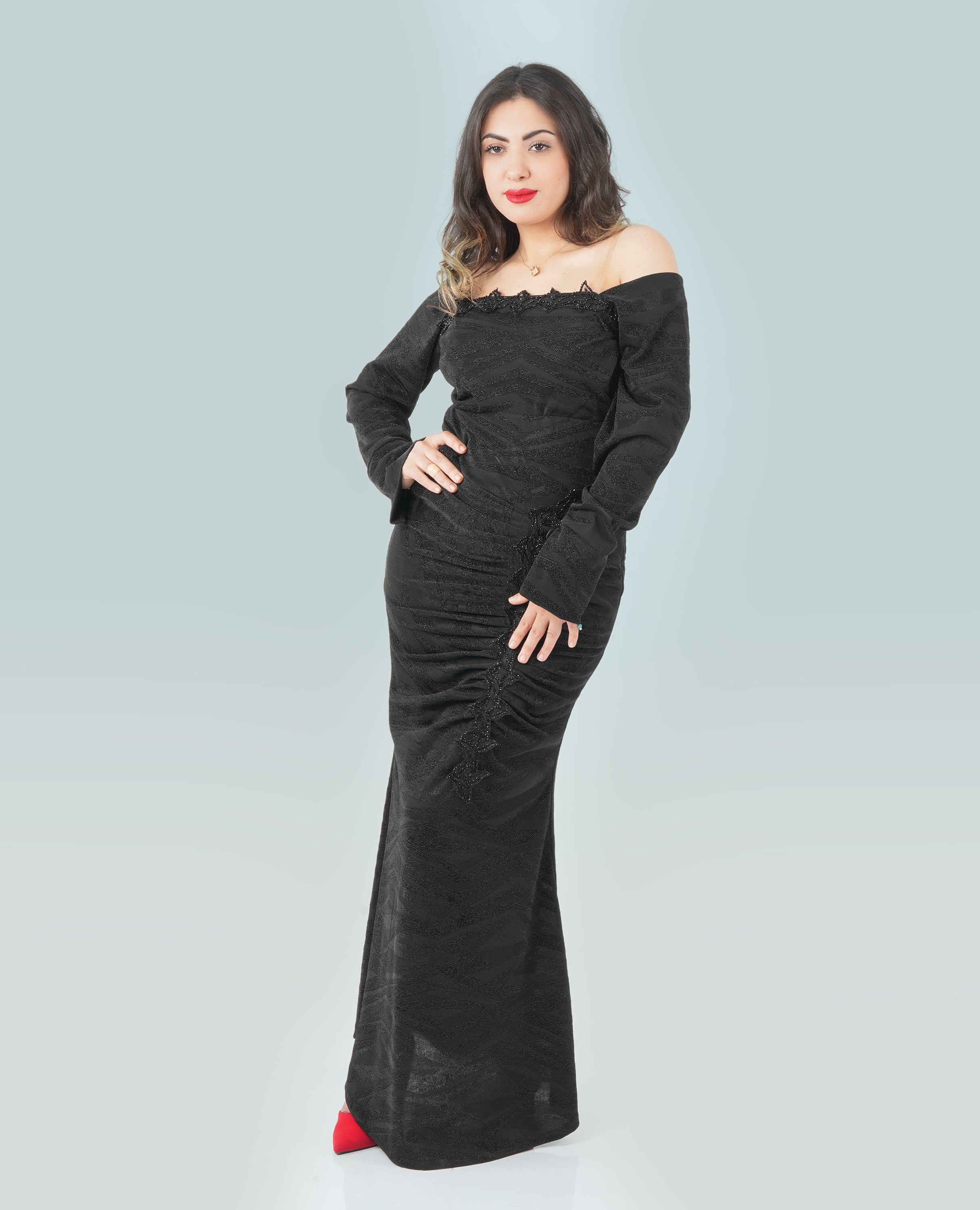 Elegant Black Ruched Off-Shoulder Evening Gown – Women's Formal Dress - FineLook