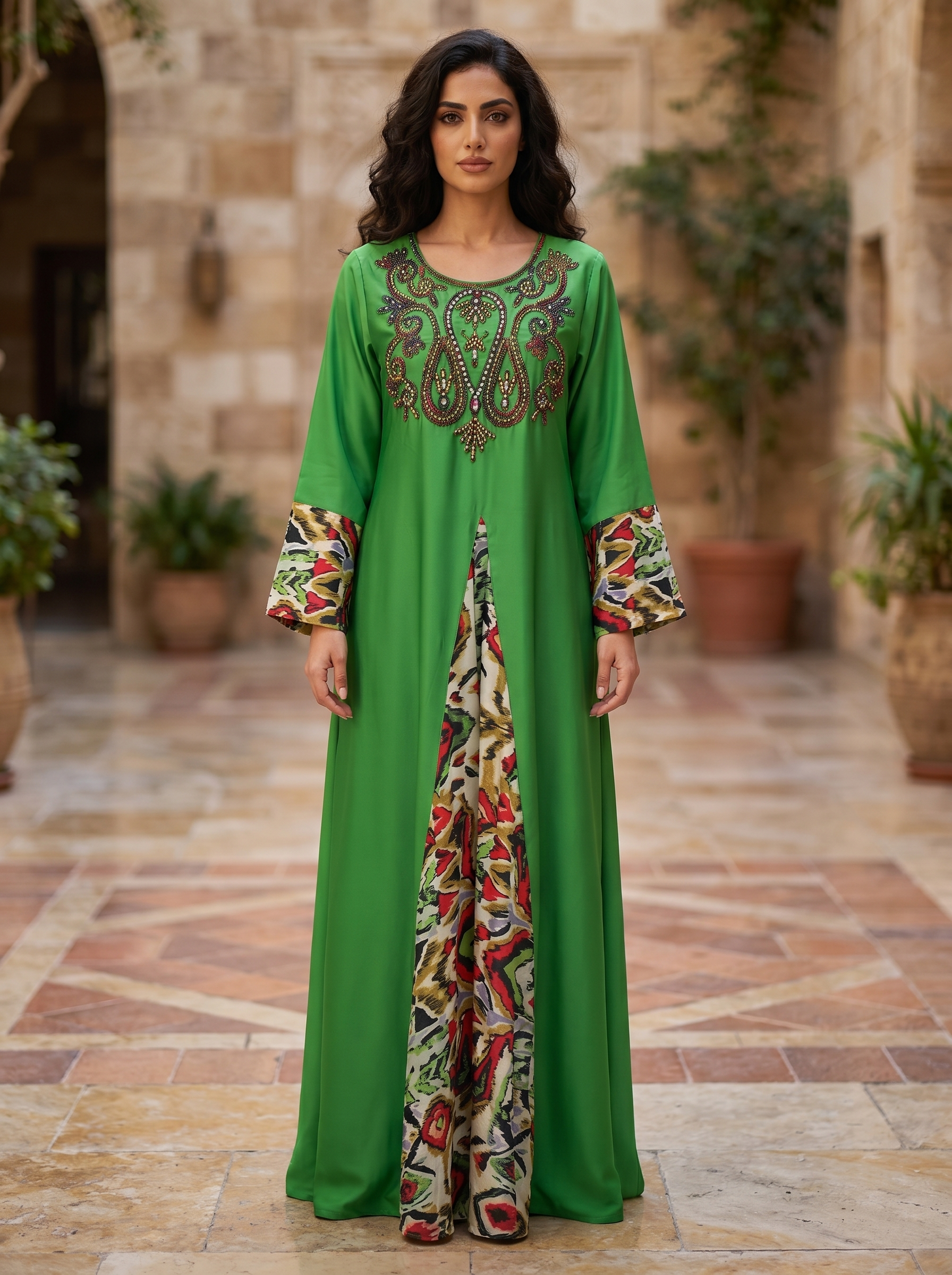 Women's Embellished Maxi Kaftan Dress – Beaded Neckline, Printed Contrast Panel & Cuff Sleeves
