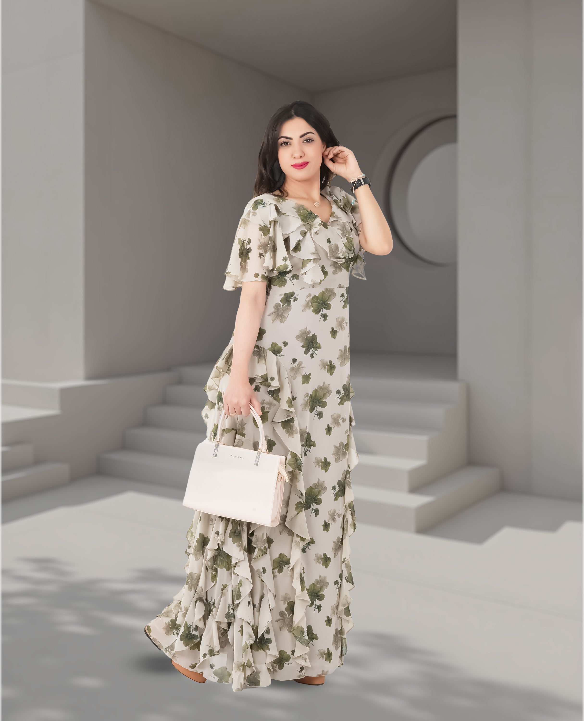 Elegant Floral Ruffle Maxi Dress – Green & Ivory - FineLook