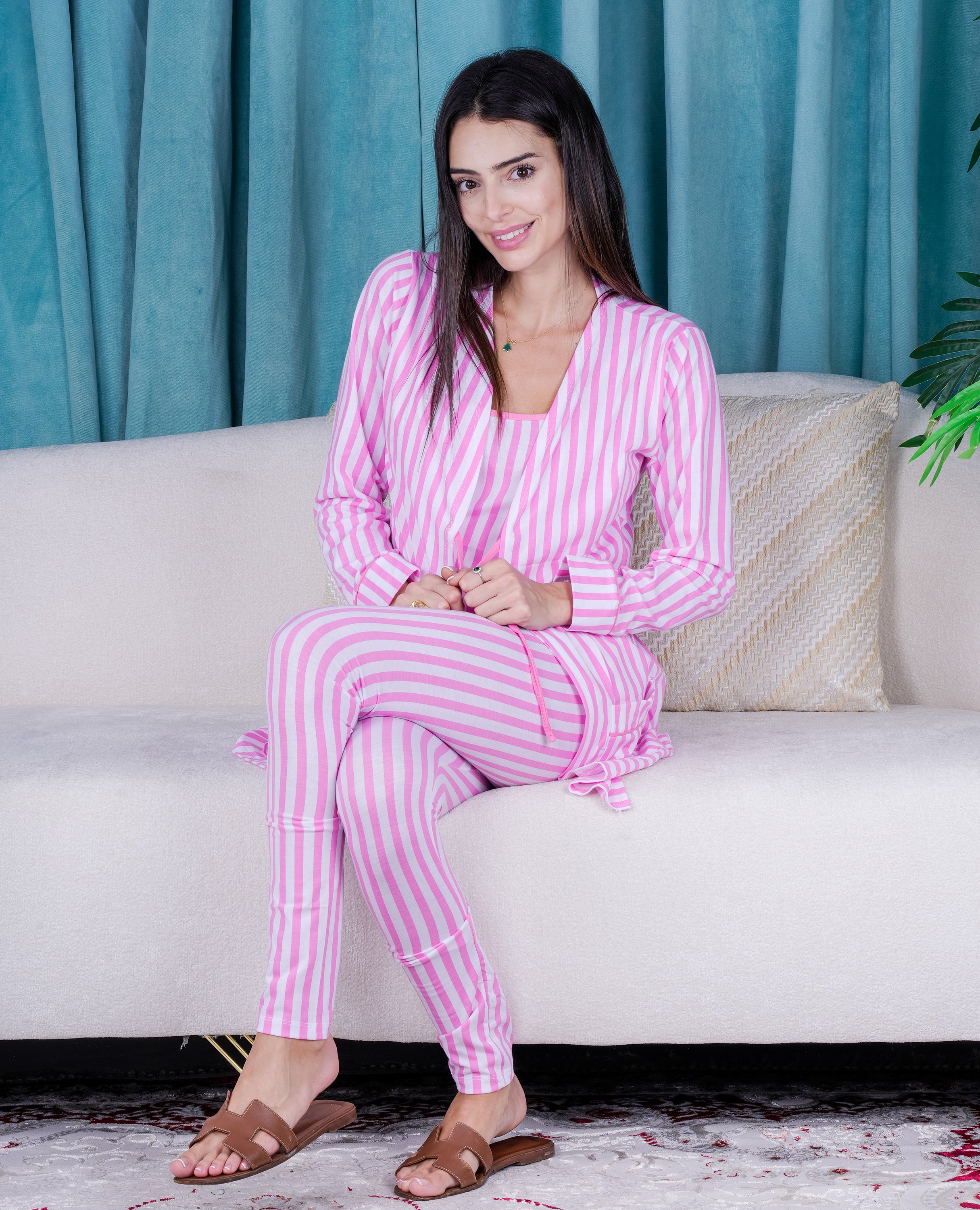 JENIKA Women’s 5-Piece Nightwear Set – Pink & White Stripes - FineLook