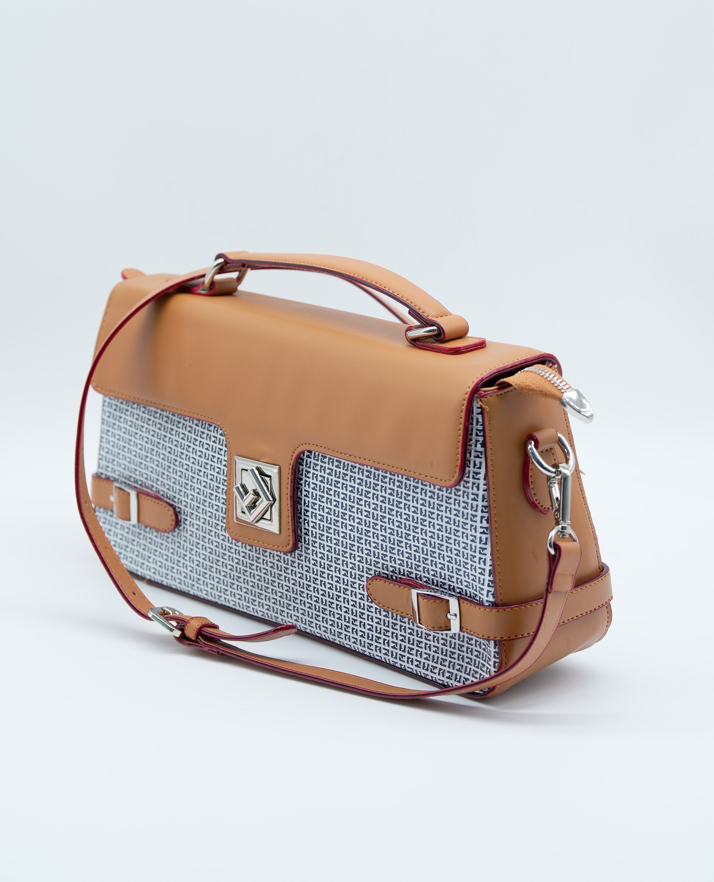 Women All-Over Monogram Print Satchel Bag with Detachable Strap.