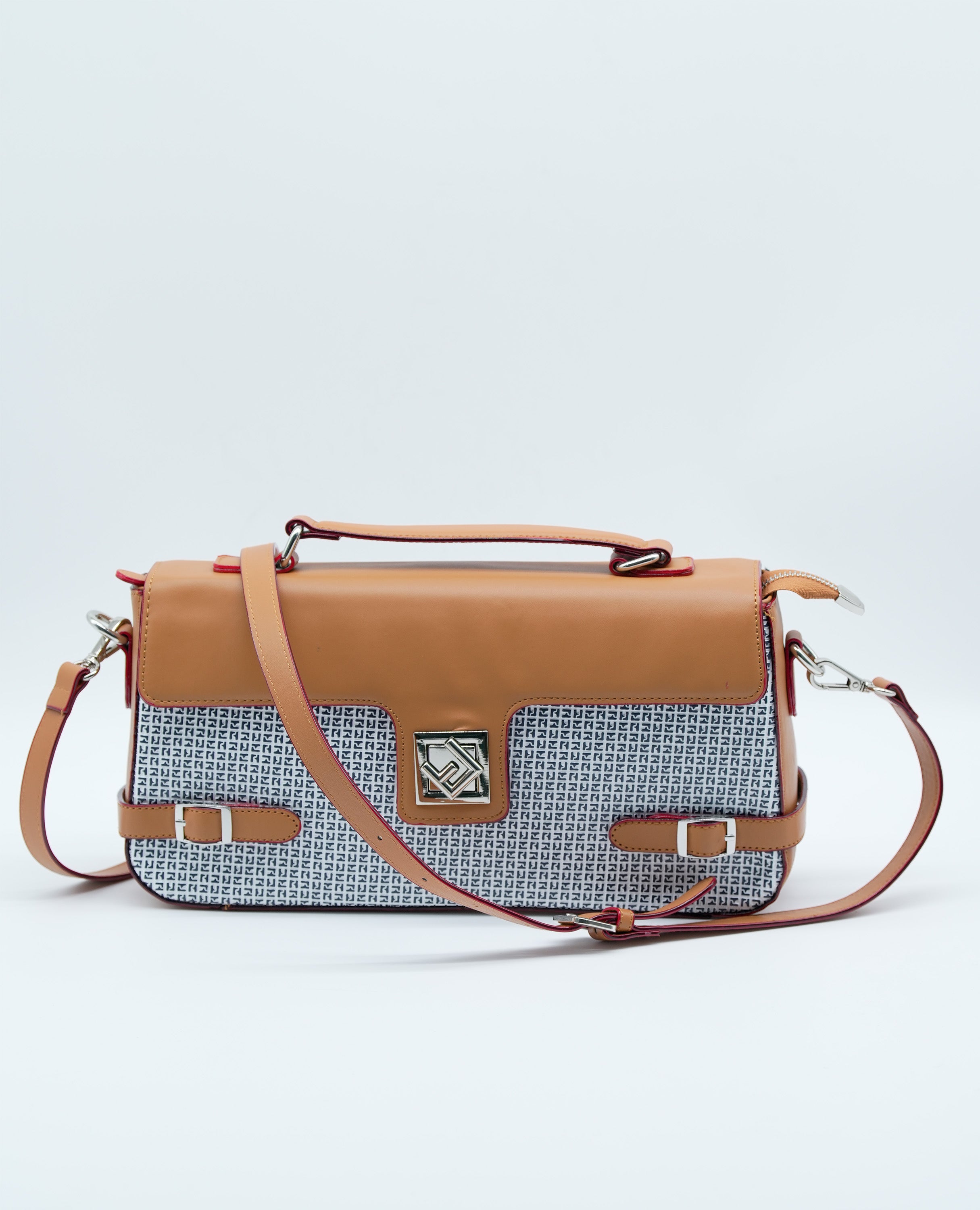 Women All-Over Monogram Print Satchel Bag with Detachable Strap.