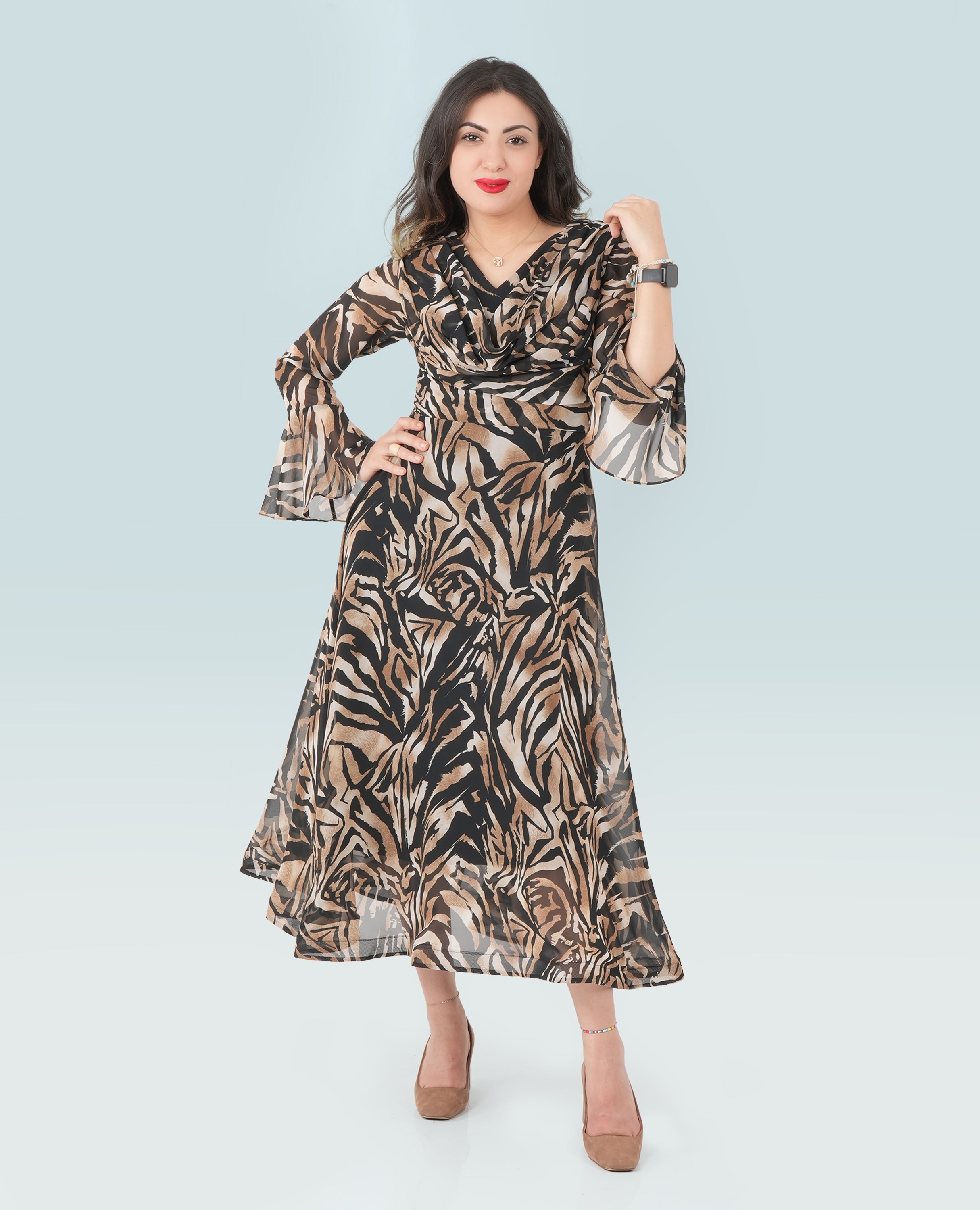 Chiffon Animal Print Ruffle Midi Dress – Elegant & Flowy Wild Style