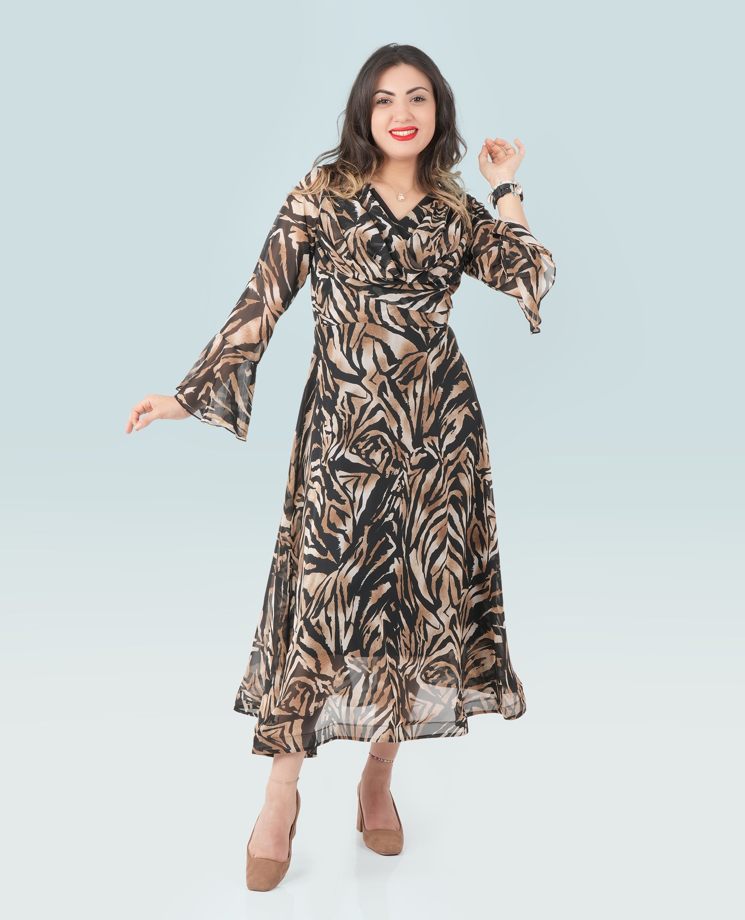 Chiffon Animal Print Ruffle Midi Dress – Elegant & Flowy Wild Style