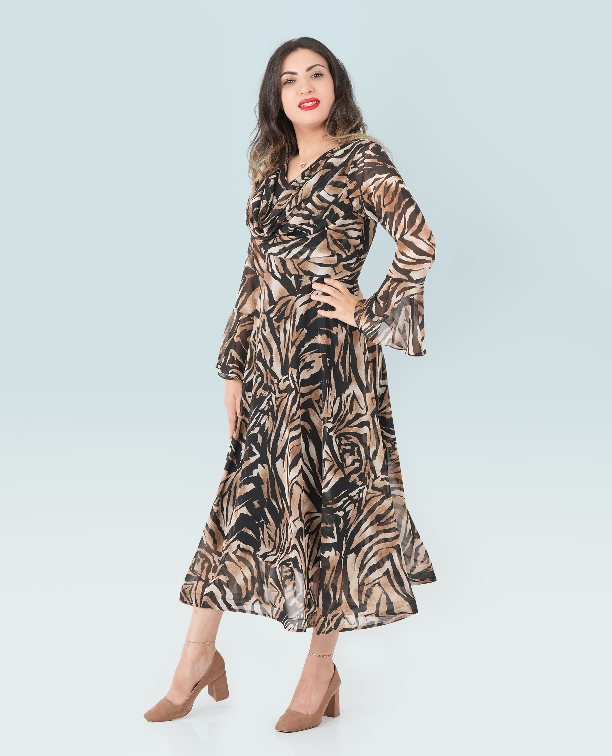 Chiffon Animal Print Ruffle Midi Dress – Elegant & Flowy Wild Style