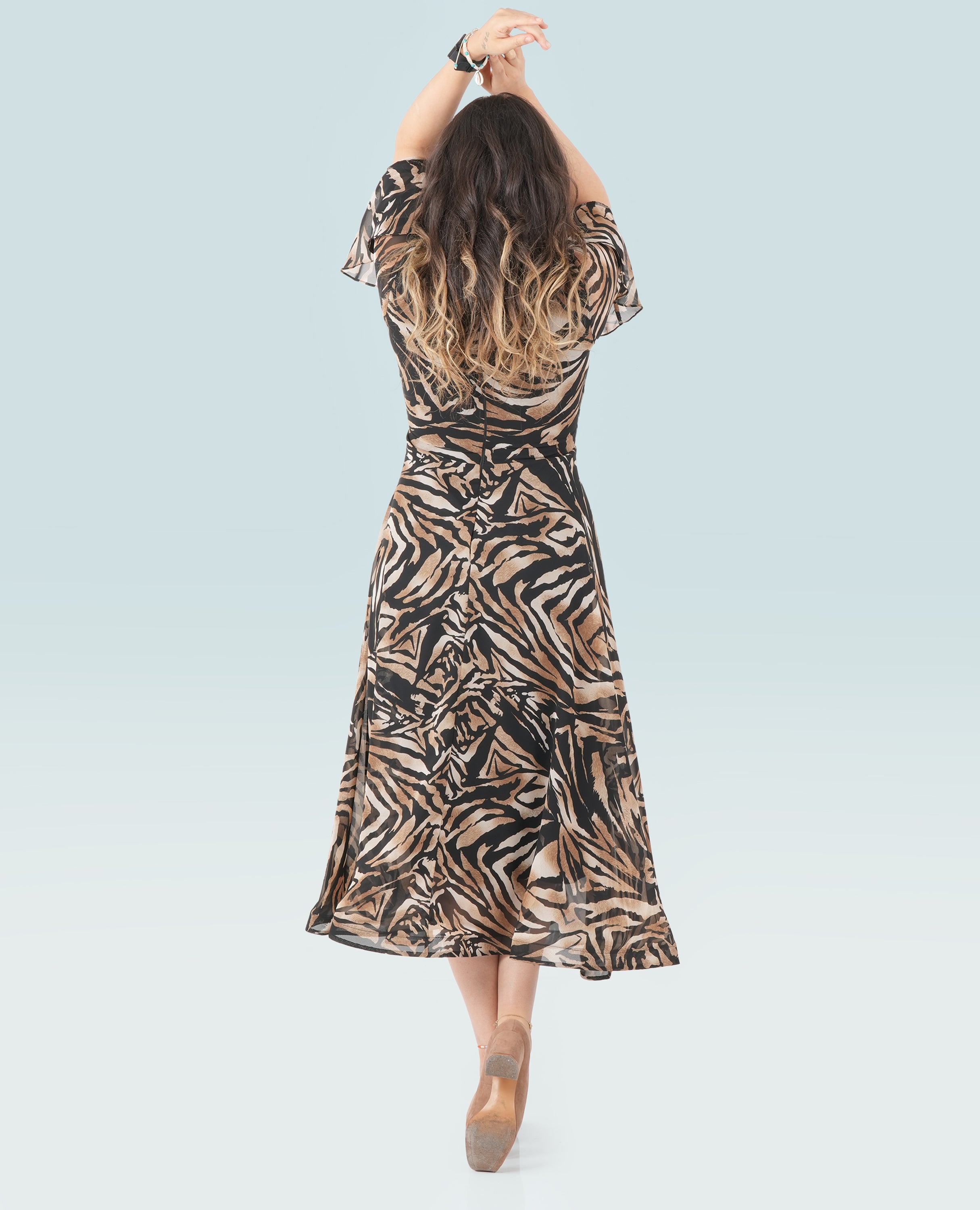 Chiffon Animal Print Ruffle Midi Dress – Elegant & Flowy Wild Style