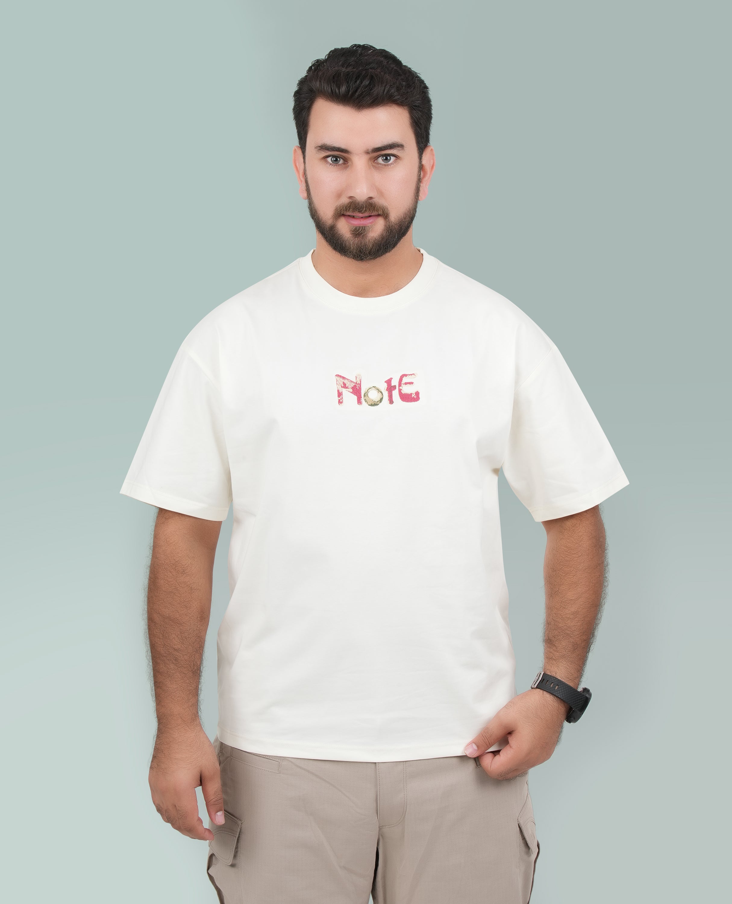 Men’s “NOTE” Stitch Detail T-Shirt – Minimal Front & Full Back Text Print