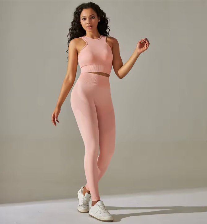Ribbed Crop Top & High-Waisted Leggings - Gym Yoga Fitness Set.