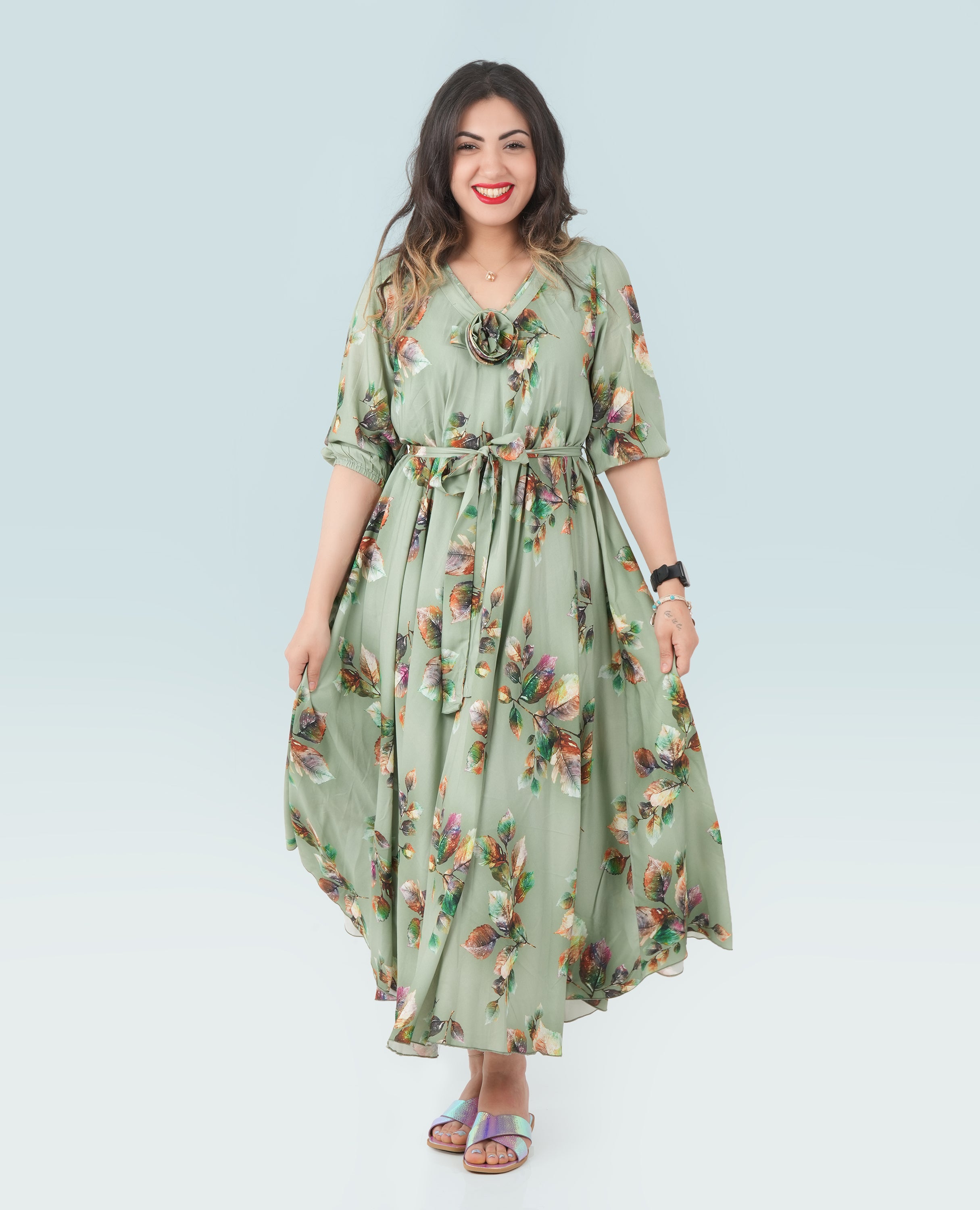 Elegant Floral Green Maxi Dress – Flowy Summer Dress with Waist Tie