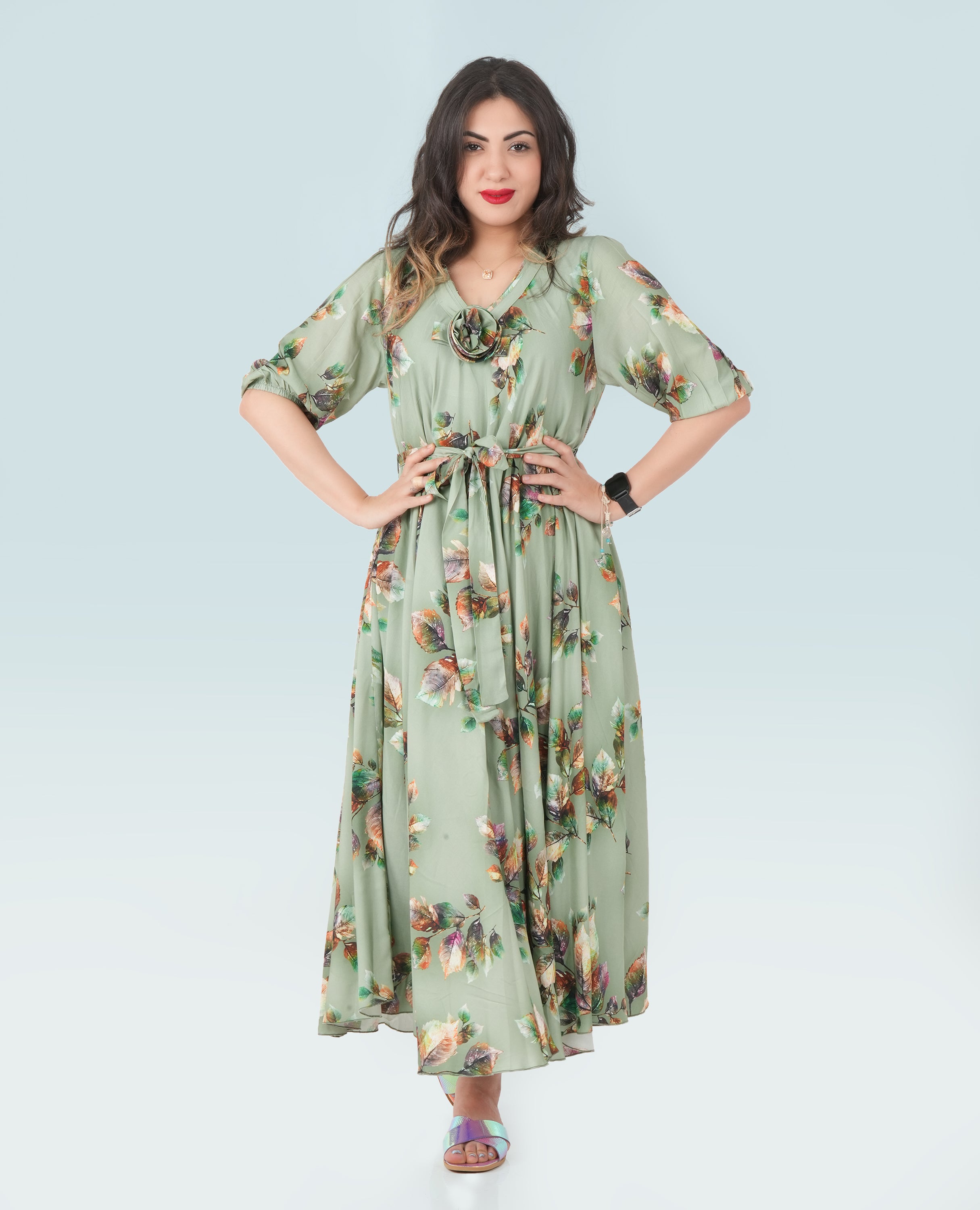 Elegant Floral Green Maxi Dress – Flowy Summer Dress with Waist Tie