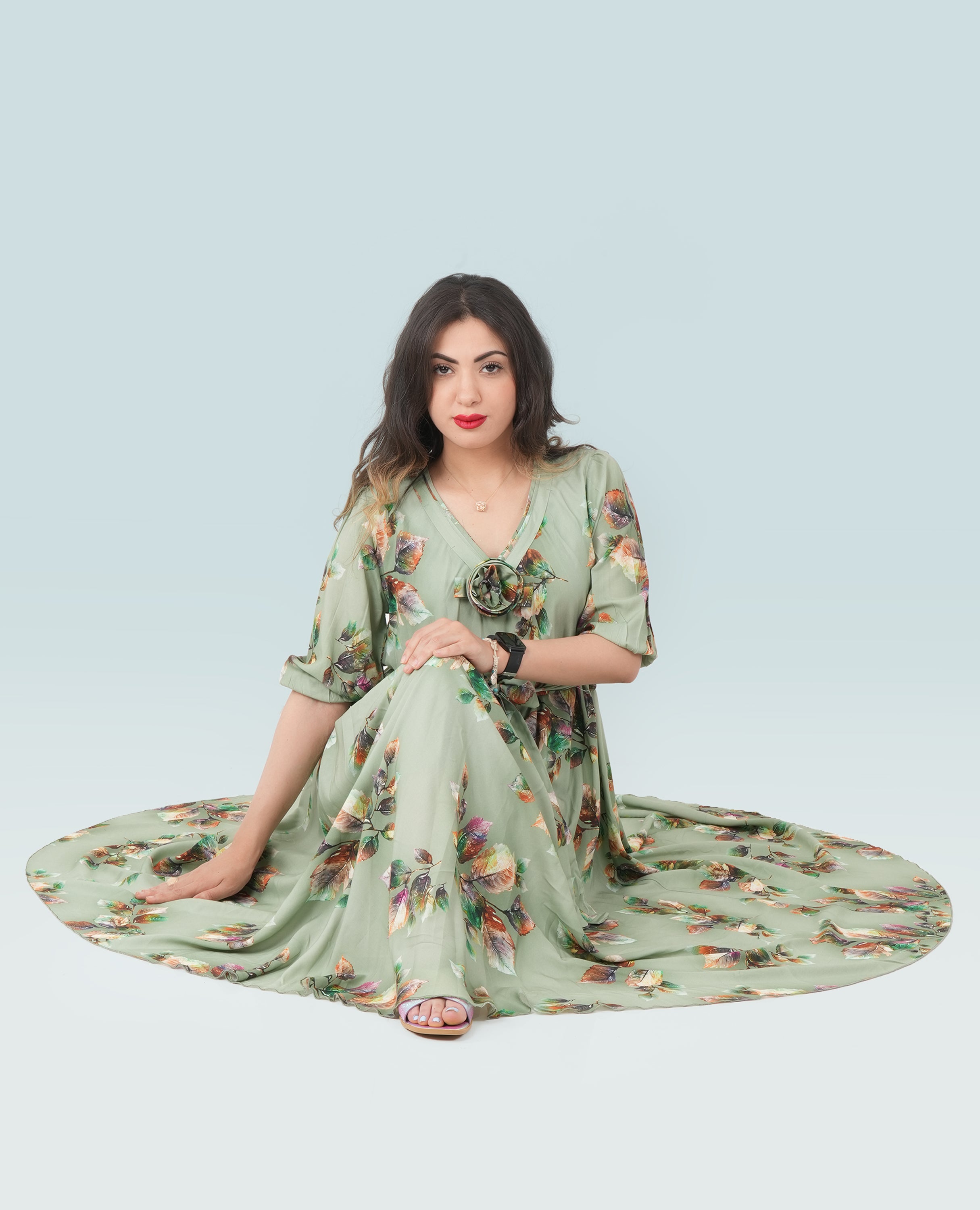 Elegant Floral Green Maxi Dress – Flowy Summer Dress with Waist Tie