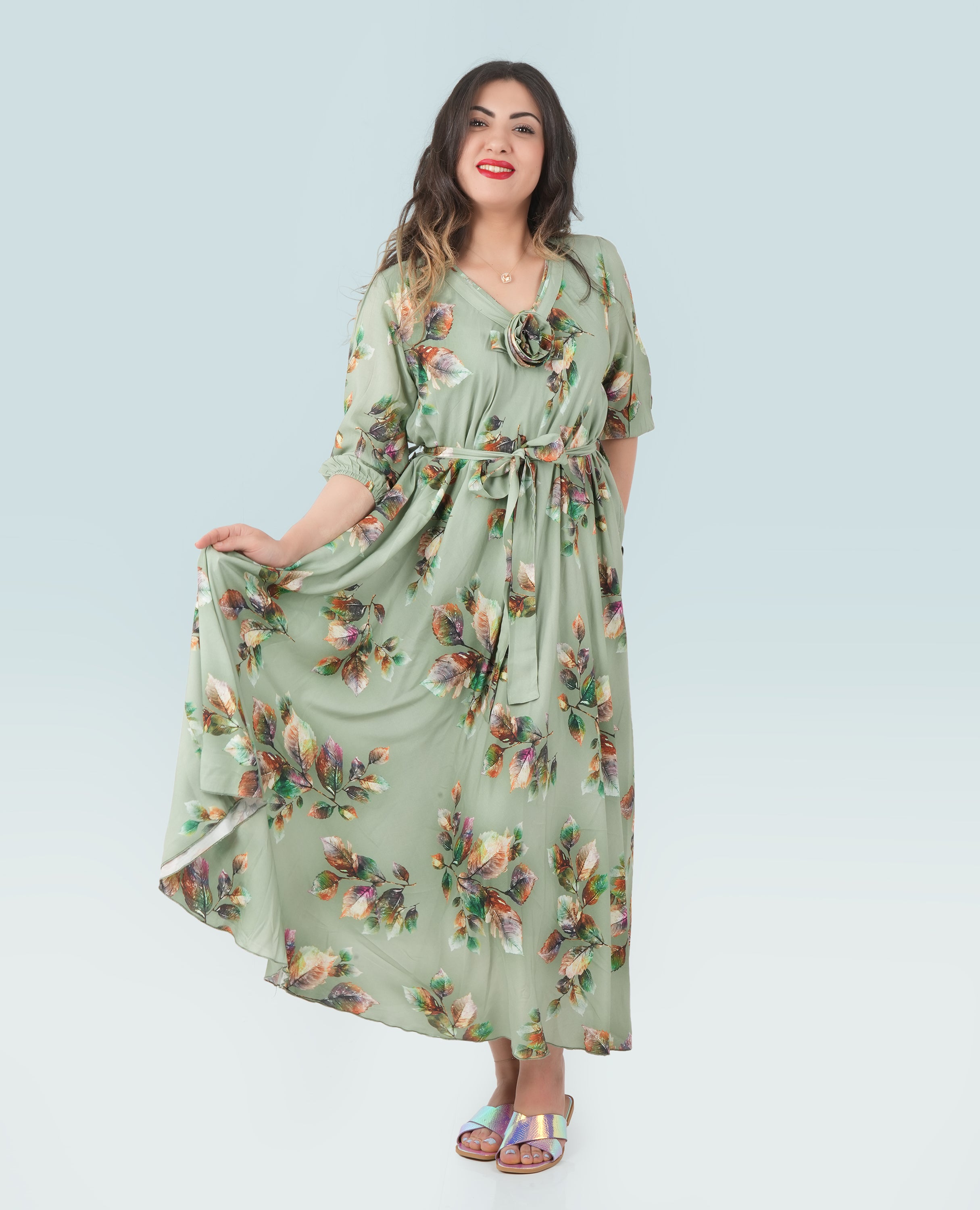 Elegant Floral Green Maxi Dress – Flowy Summer Dress with Waist Tie