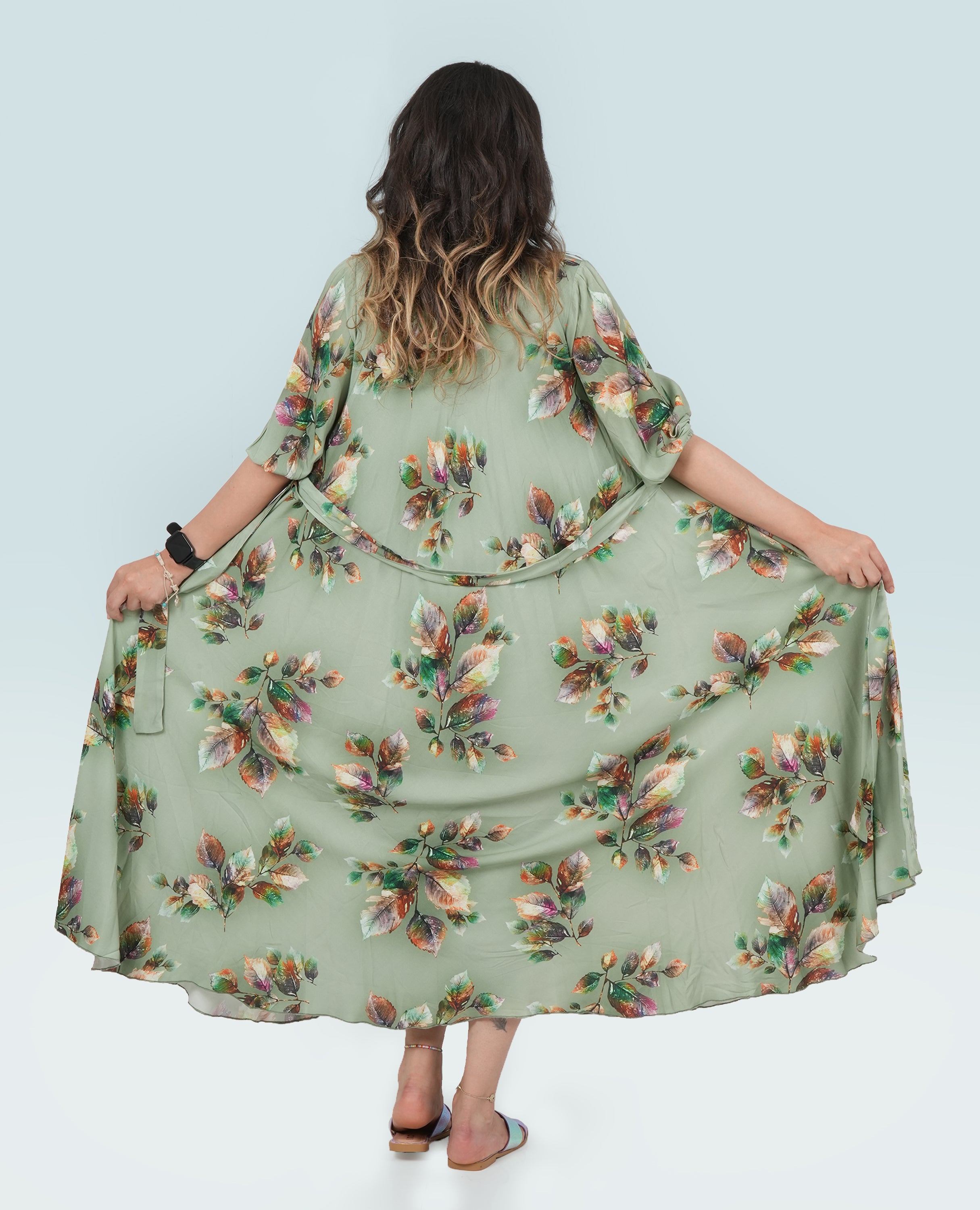 Elegant Floral Green Maxi Dress – Flowy Summer Dress with Waist Tie