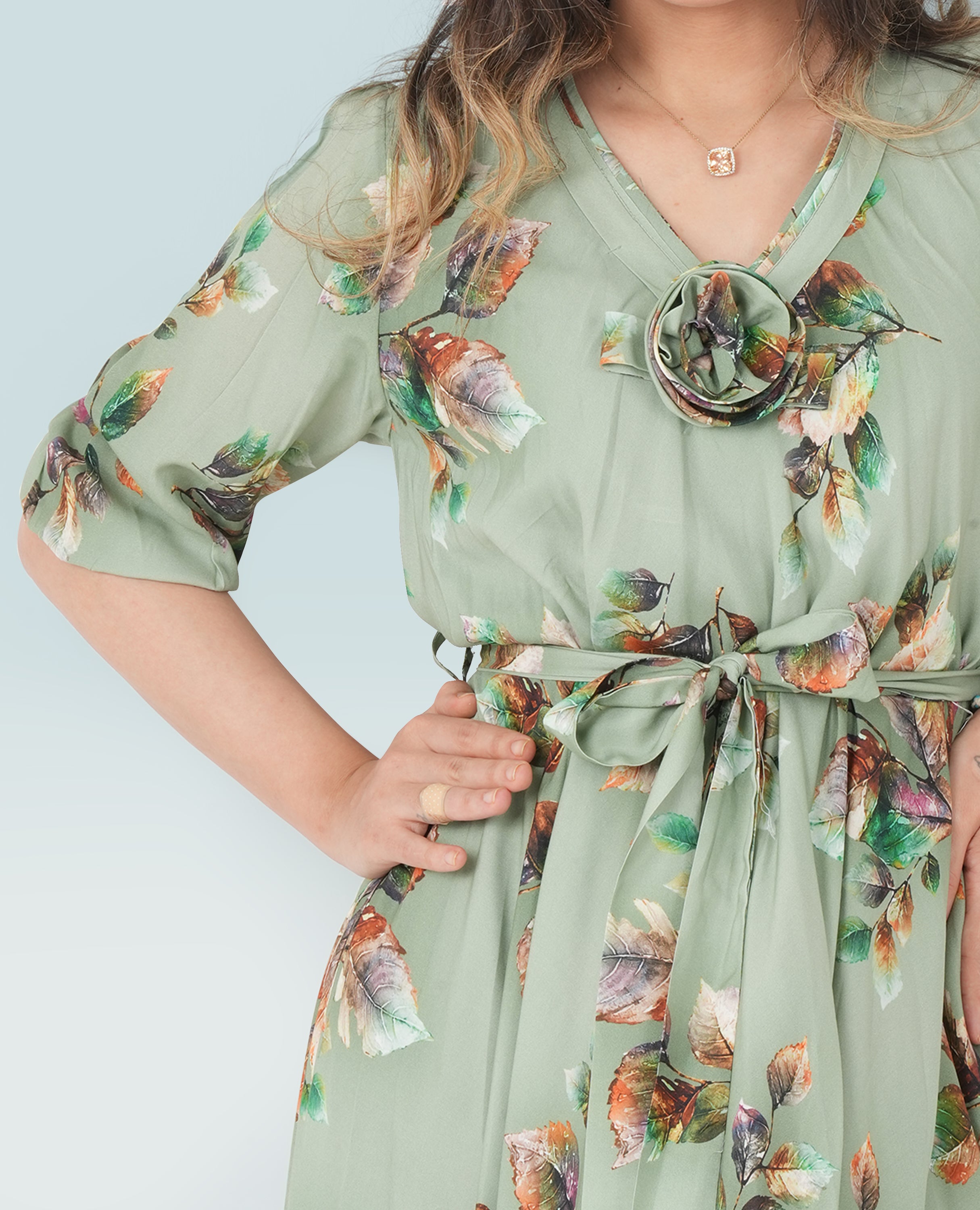 Elegant Floral Green Maxi Dress – Flowy Summer Dress with Waist Tie