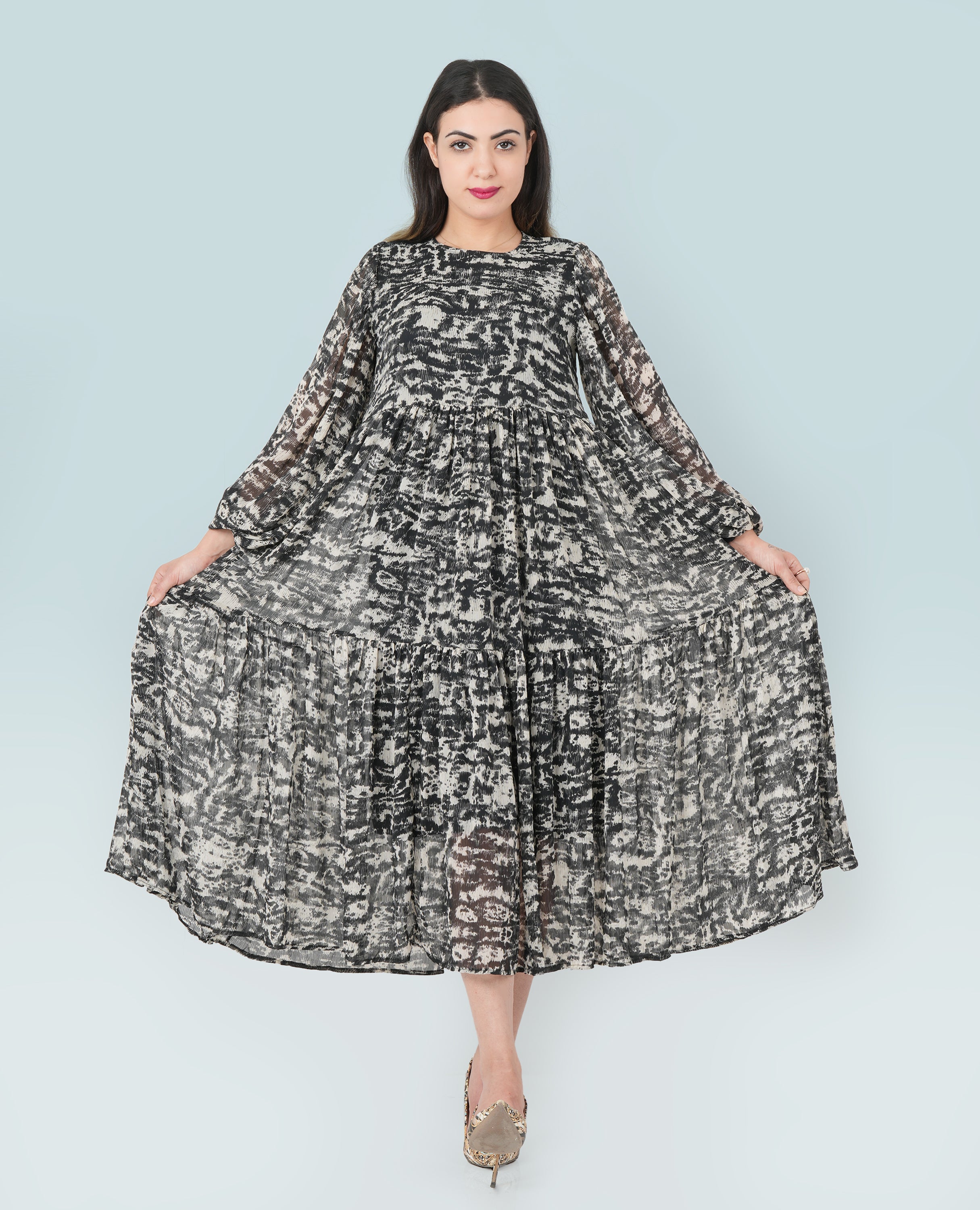 Charcoal Print Long Dress for Women