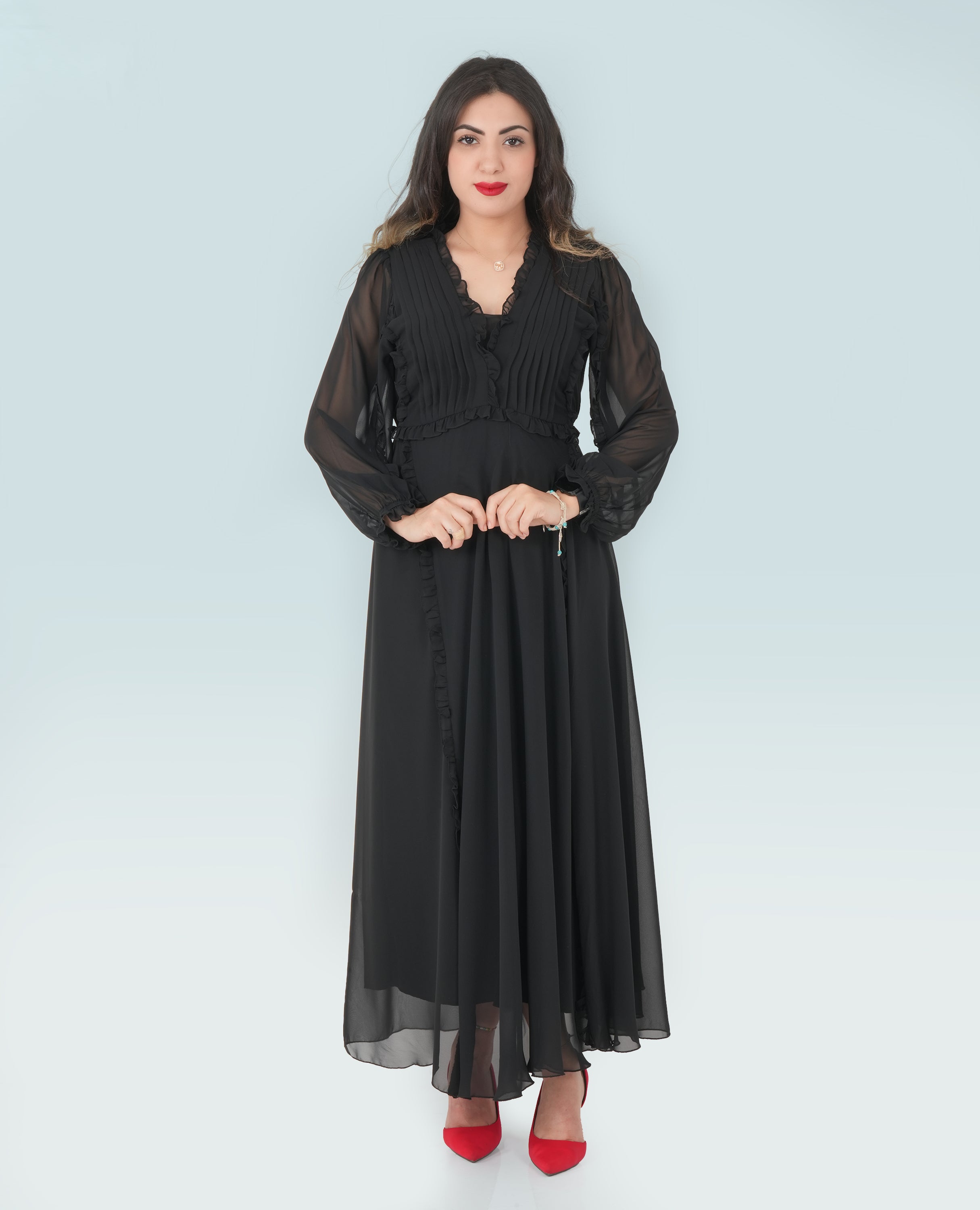 Elegant Black Chiffon Maxi Dress – Sheer Sleeves & Pleated Bodice