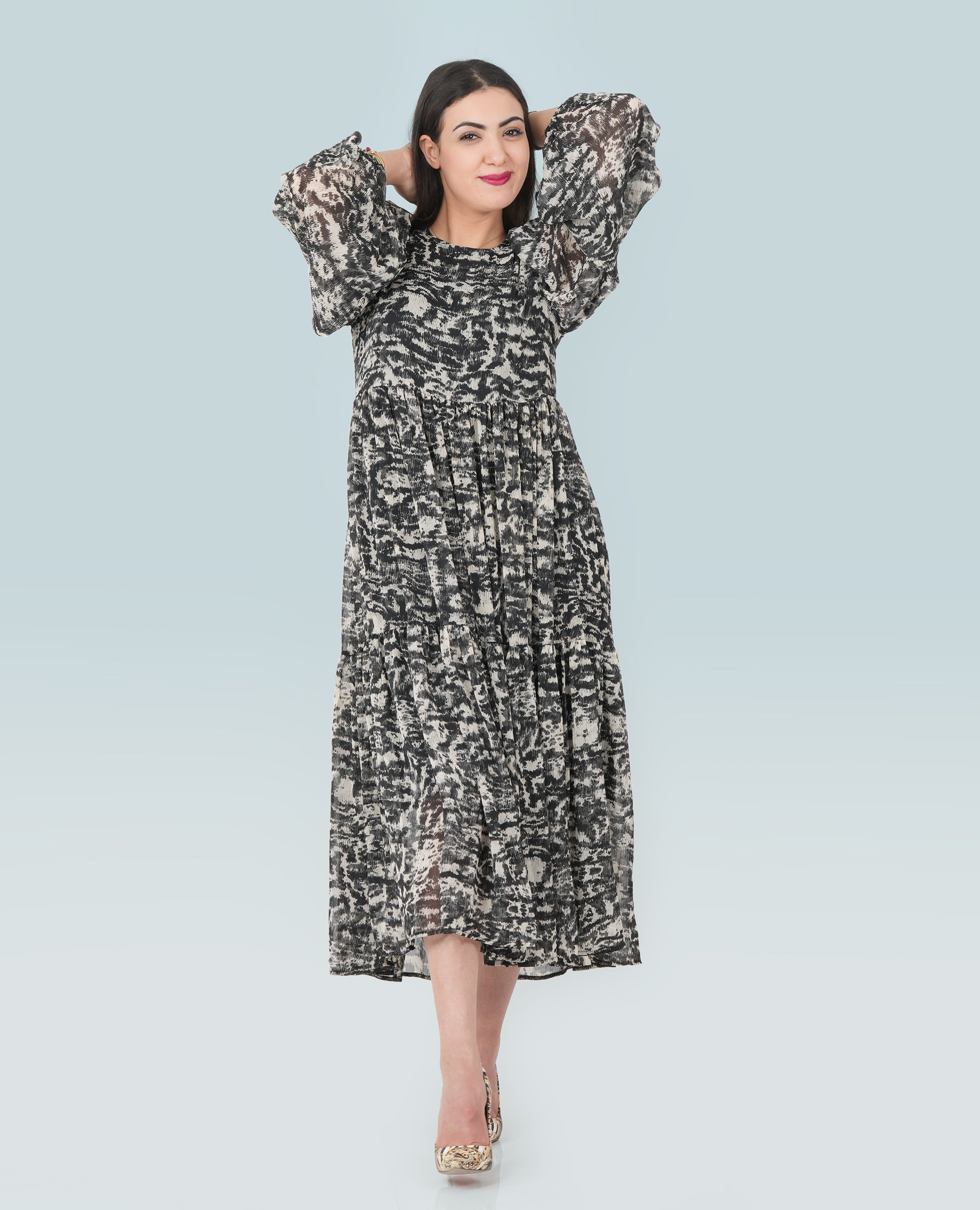 Charcoal Print Long Dress for Women