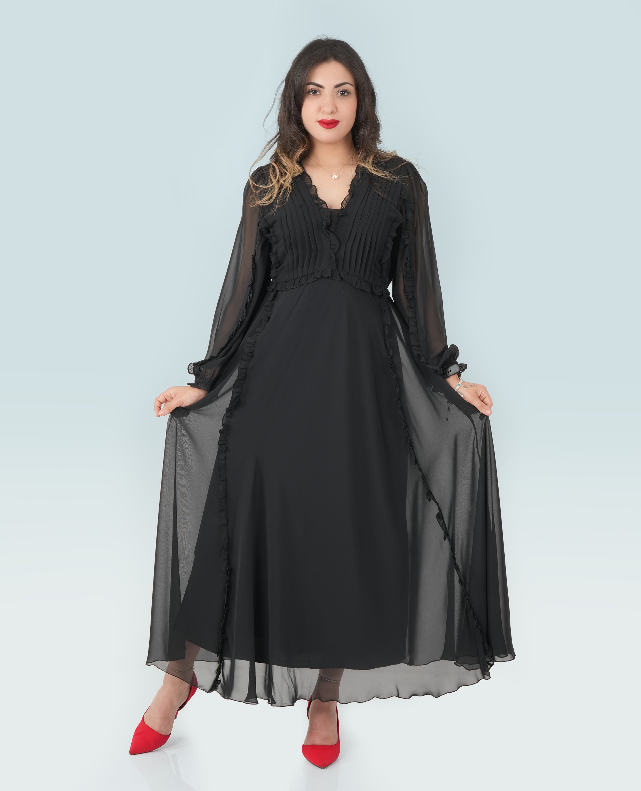 Elegant Black Chiffon Maxi Dress – Sheer Sleeves & Pleated Bodice