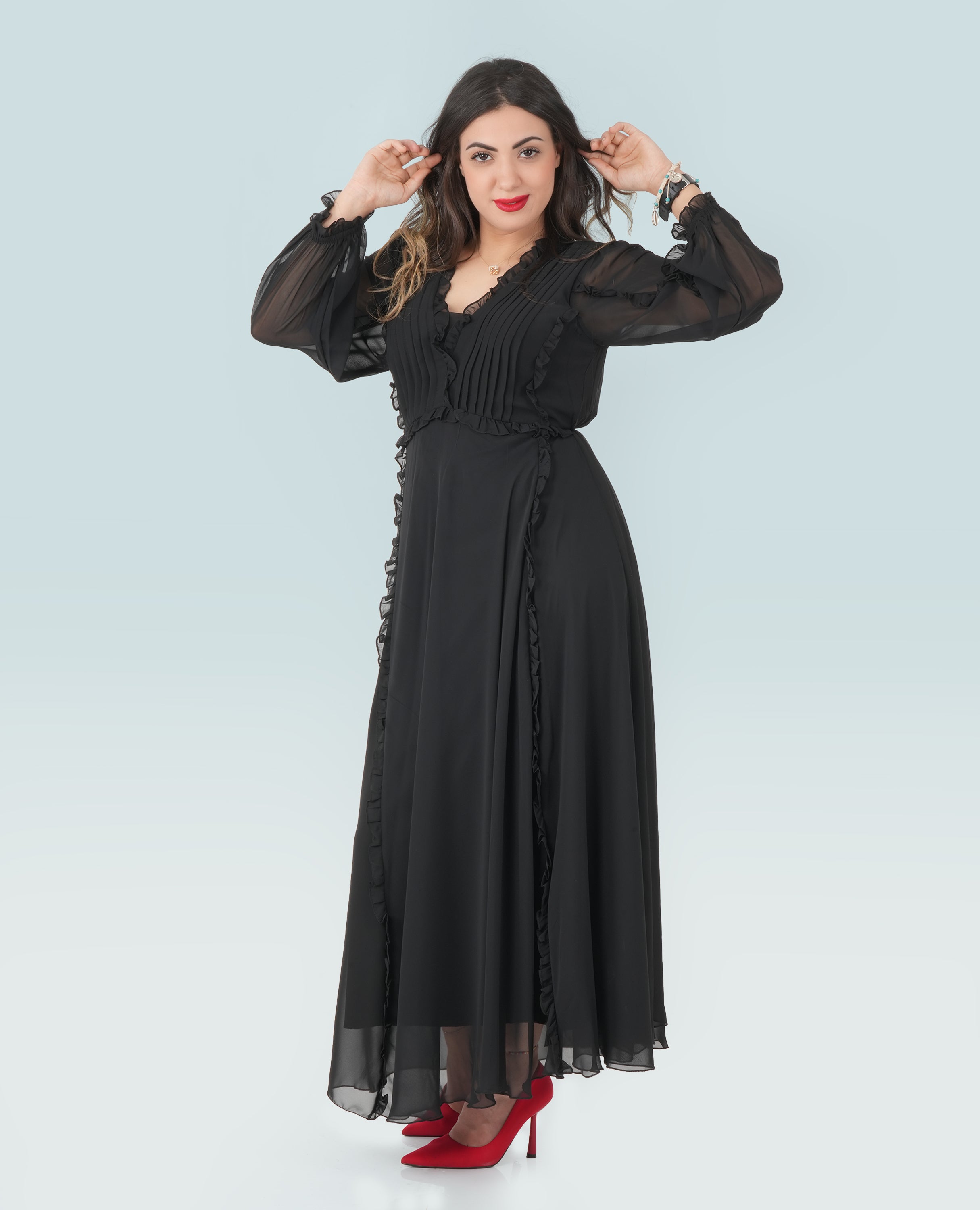 Elegant Black Chiffon Maxi Dress – Sheer Sleeves & Pleated Bodice